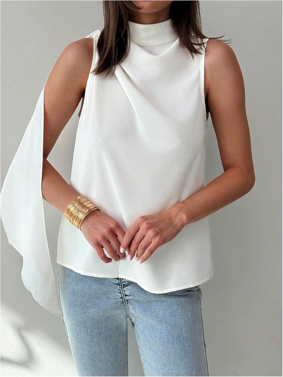 MakeMeChic Women's Sleeveless Mock Neck Ruched Blouse Tank Tops Summer Shirt - Image 3
