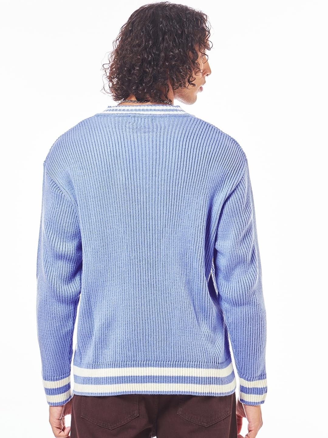 Bewakoof Męski sweter oversize z długim rękawem i dekoltem w serek akrylowy płaski sweter z dzianiny