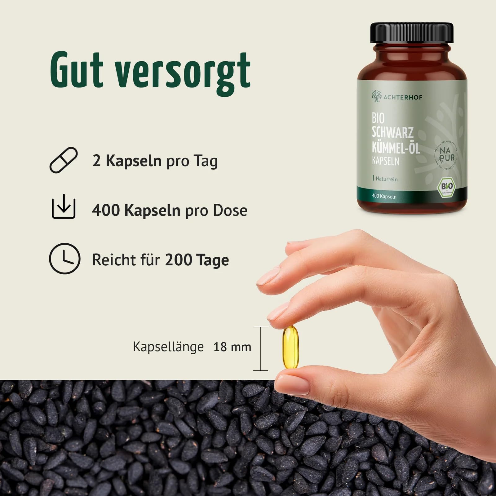 Bio Schwarzkümmel-Öl Kapseln 400 Stück | 1000mg pro Tagesdosis | naturbelassen und schonend kaltgepresst | vegan | höchste Bio-Qualität | vom Achterhof