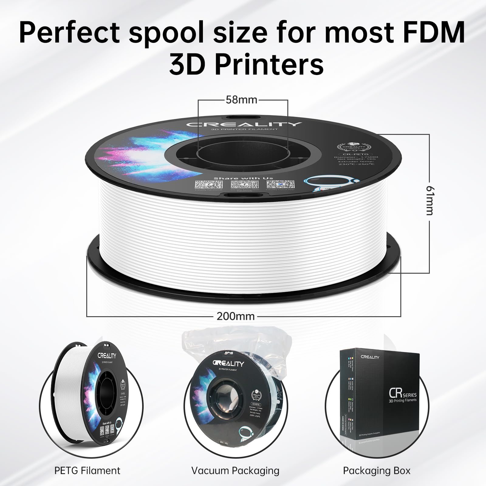 Creality PETG Filament, Doskonała Wydajność i wysoka wytrzymałość, Filament PETG do Drukarki 3D 1,75 mm, Dokładność Wymiarowa +/- 0,02 mm, 4 kg (8,8 lbs) do Drukarek 3D FDM, 4 Biały PETG
