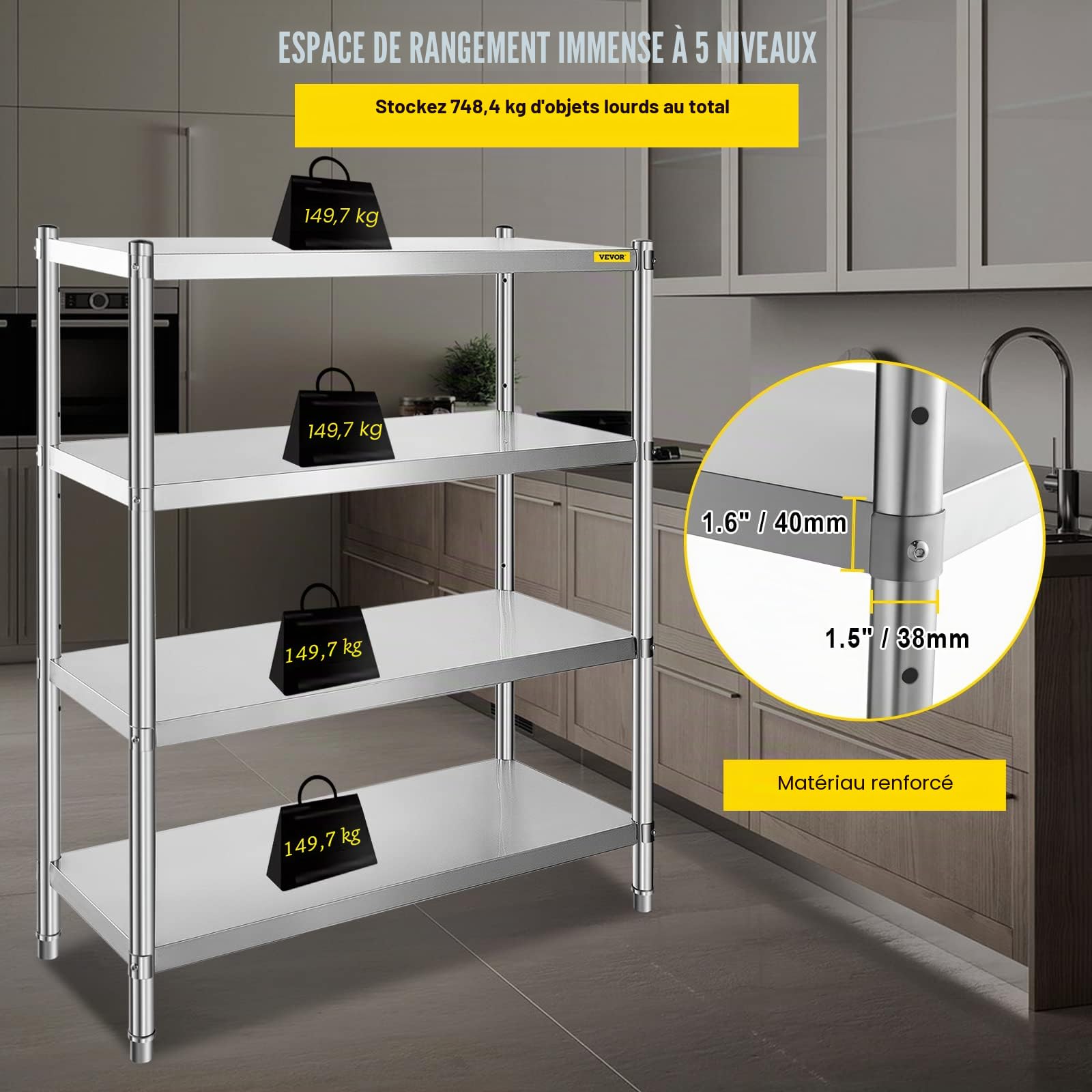 VBENLEM Étagères Inox de Rangement de Cuisine Capacité de Charge 150 kg Table à Épices à 4 Niveaux avec Accessoires d'Assemblage Meuble pour Cuisine Garage Atelier Entrepôt Balcon 122x48x150 cm
