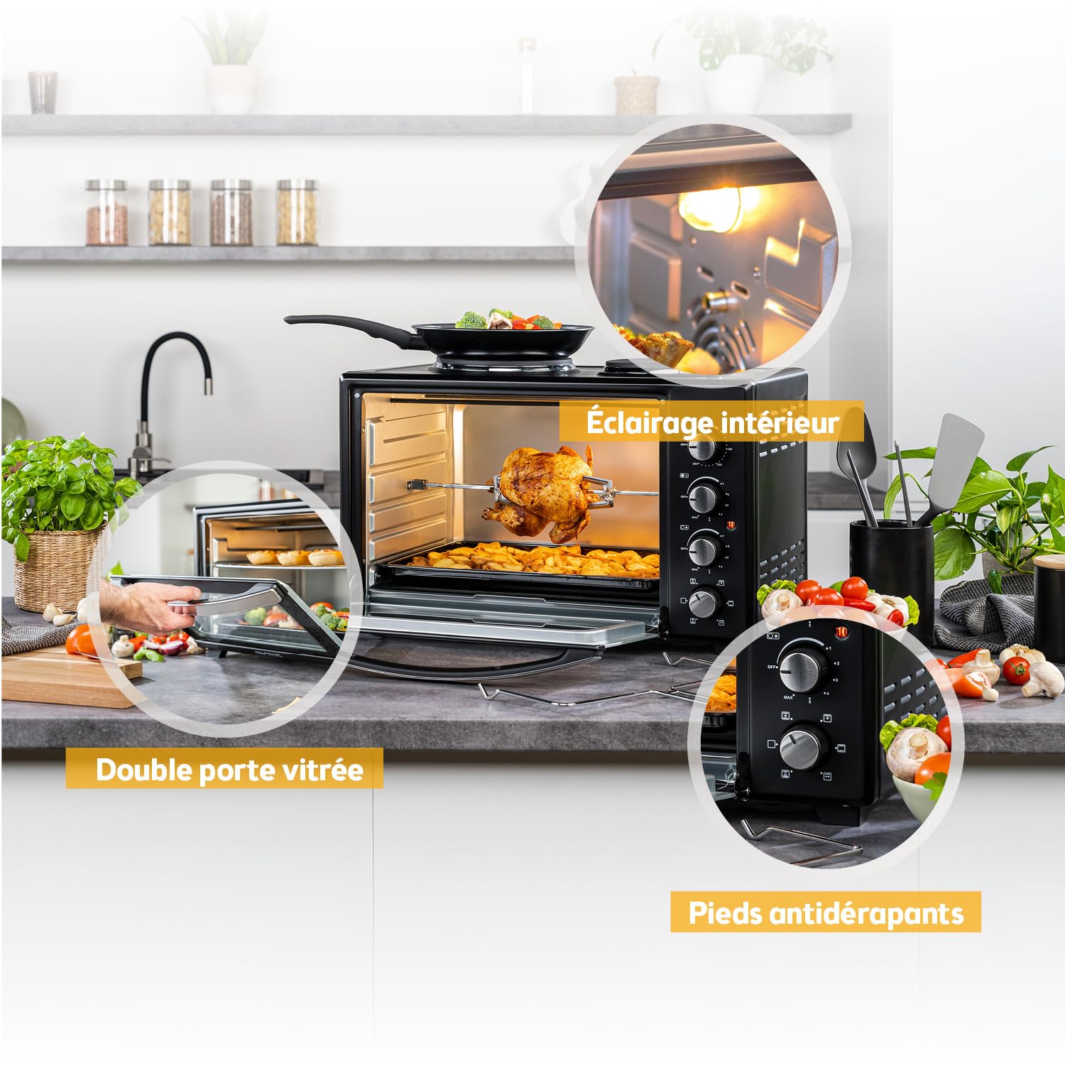 TZS First Austria - Mini-Four avec plaques de cuisson 30L 3200 W - Four à pizza jusqu'à 230°C et 6 modes de chauffage - Four multifonction avec 4 hauteurs d'insertion et accessoires de haute qualité