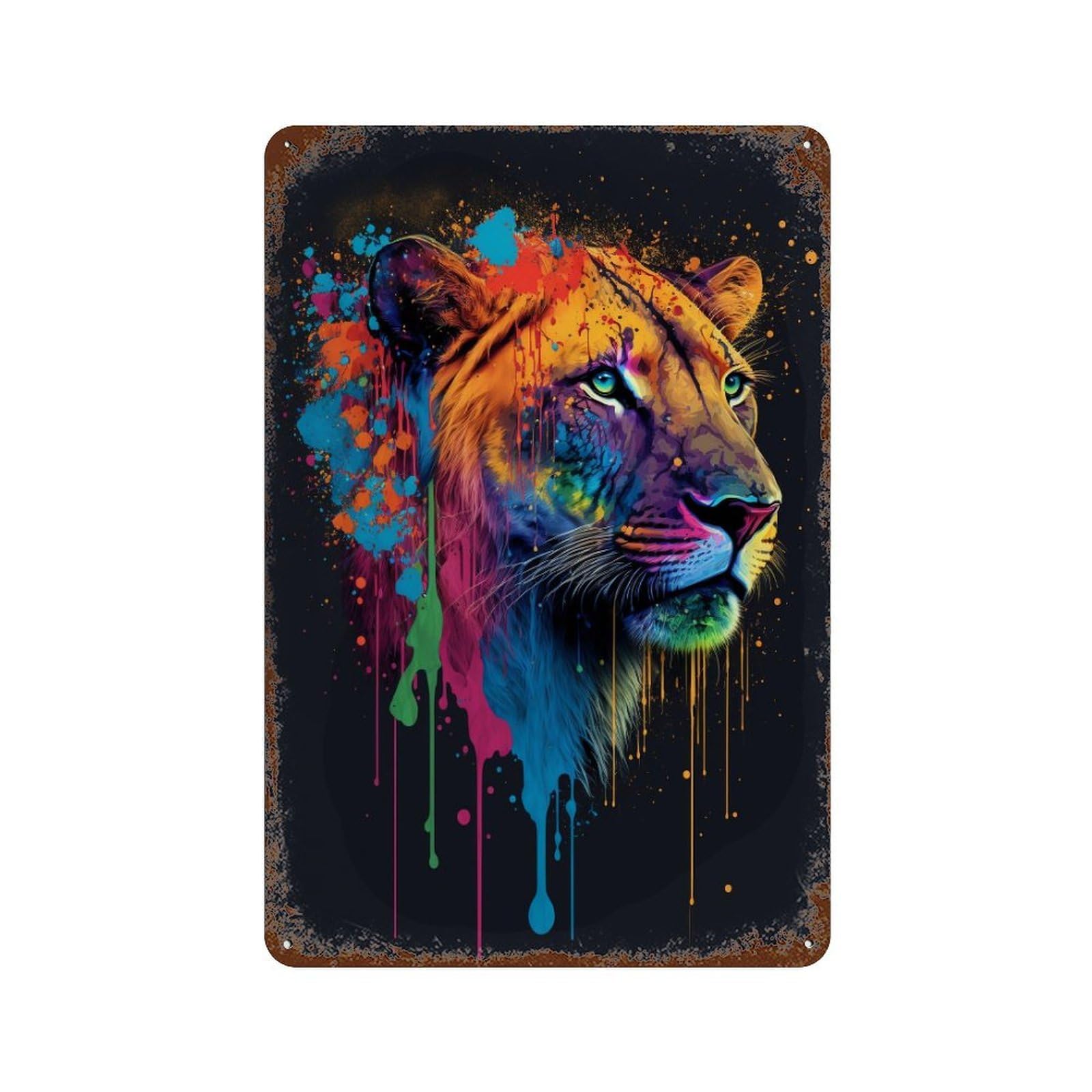 Colorful Lion Art Print-15 Rust Effect Tin Sign 11.8"x7.9", Vintage Wall Decor for Pub, Kitchen And Man Cave Decor