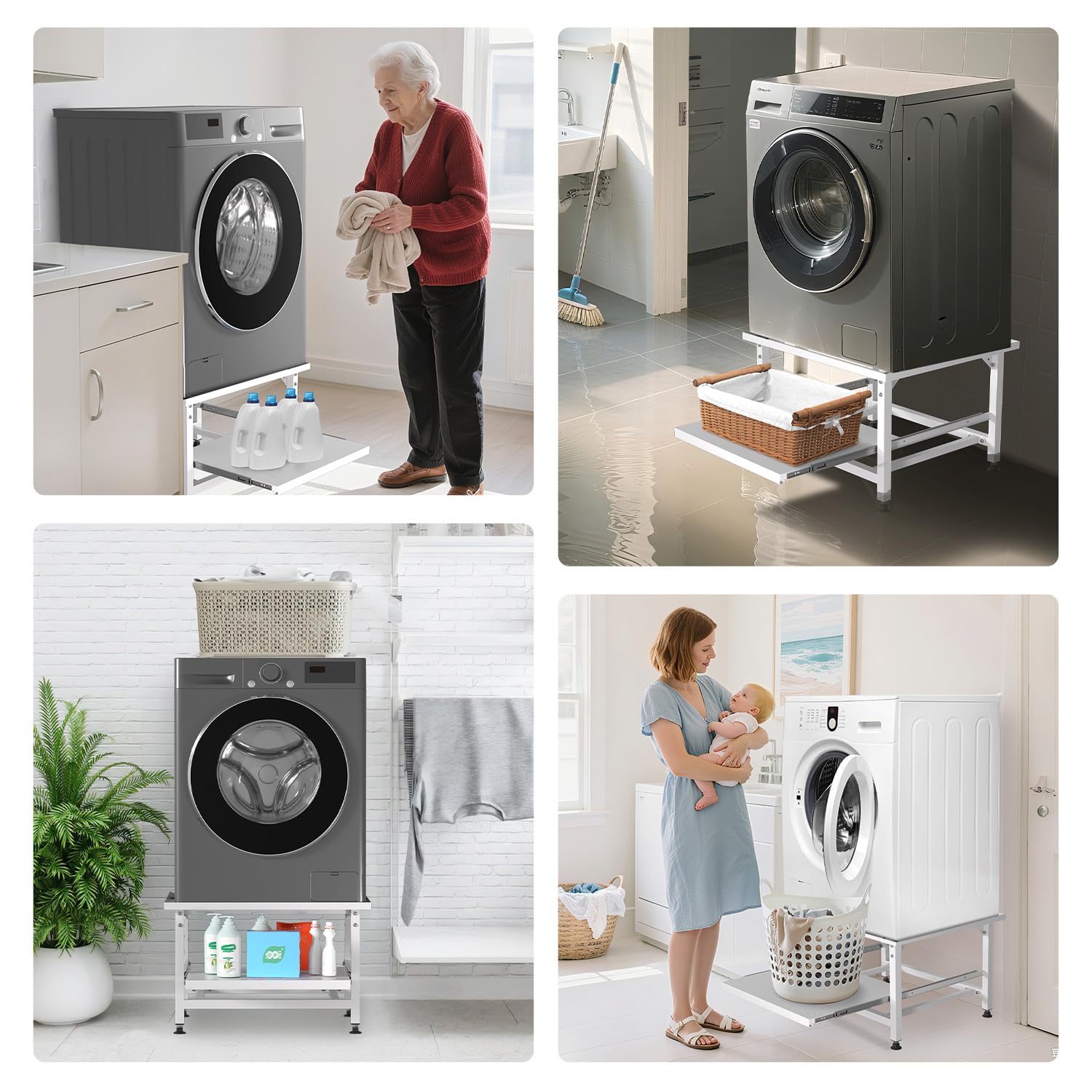 Herrselsam Base per lavatrice con ripiano estraibile, altezza 42 cm, piedini regolabili in altezza e assorbimento del rumore, base per lavatrice con cassetto estraibile a 3 livelli, portata 150 kg