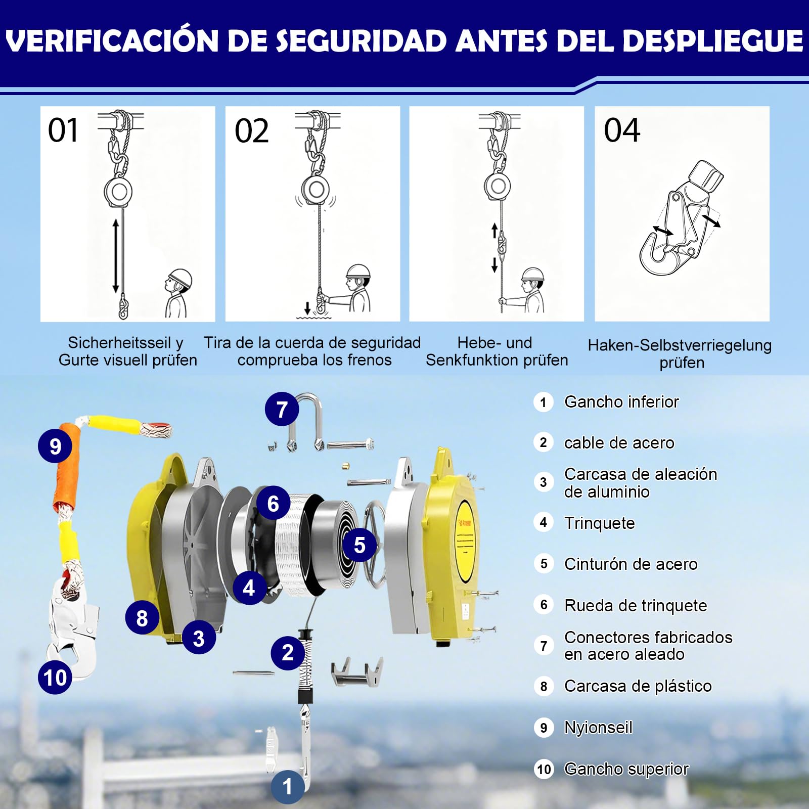 Dispositivo Anticaídas Retráctil 10m, Línea de Vida Retráctil | Arnés de Seguridad para Trabajos en Altura y Construcción, Carga Máxima 150kg