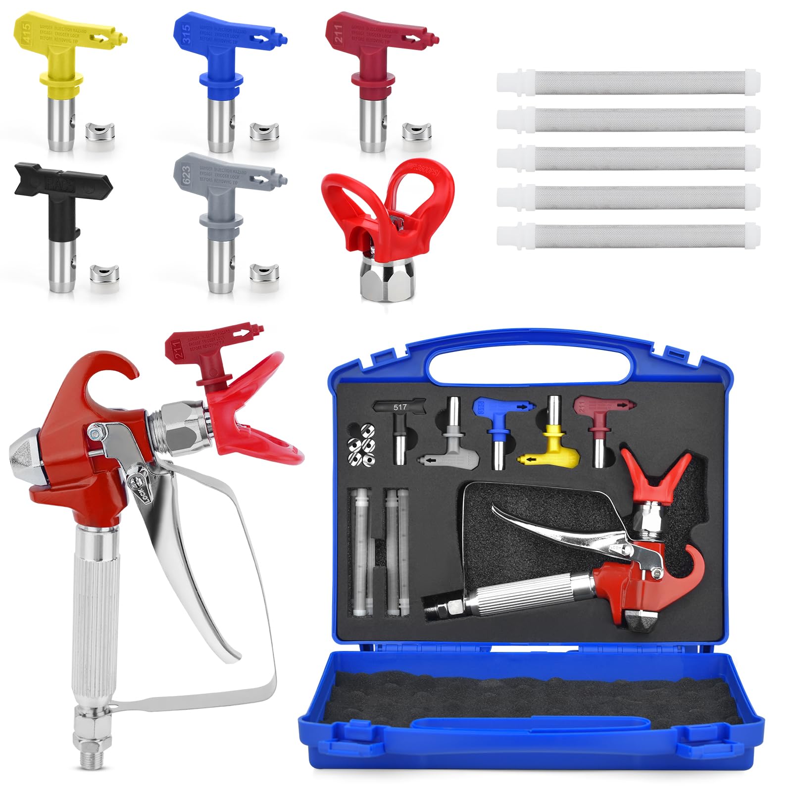 13PCS Airless Paint Sprayer Gun Set with 3600 PSI Airless Paint Sprayer Gun,1 Nozzle Guard,5 Reversible Spray Tips,5 Airless Sprayer Gun Filters and
