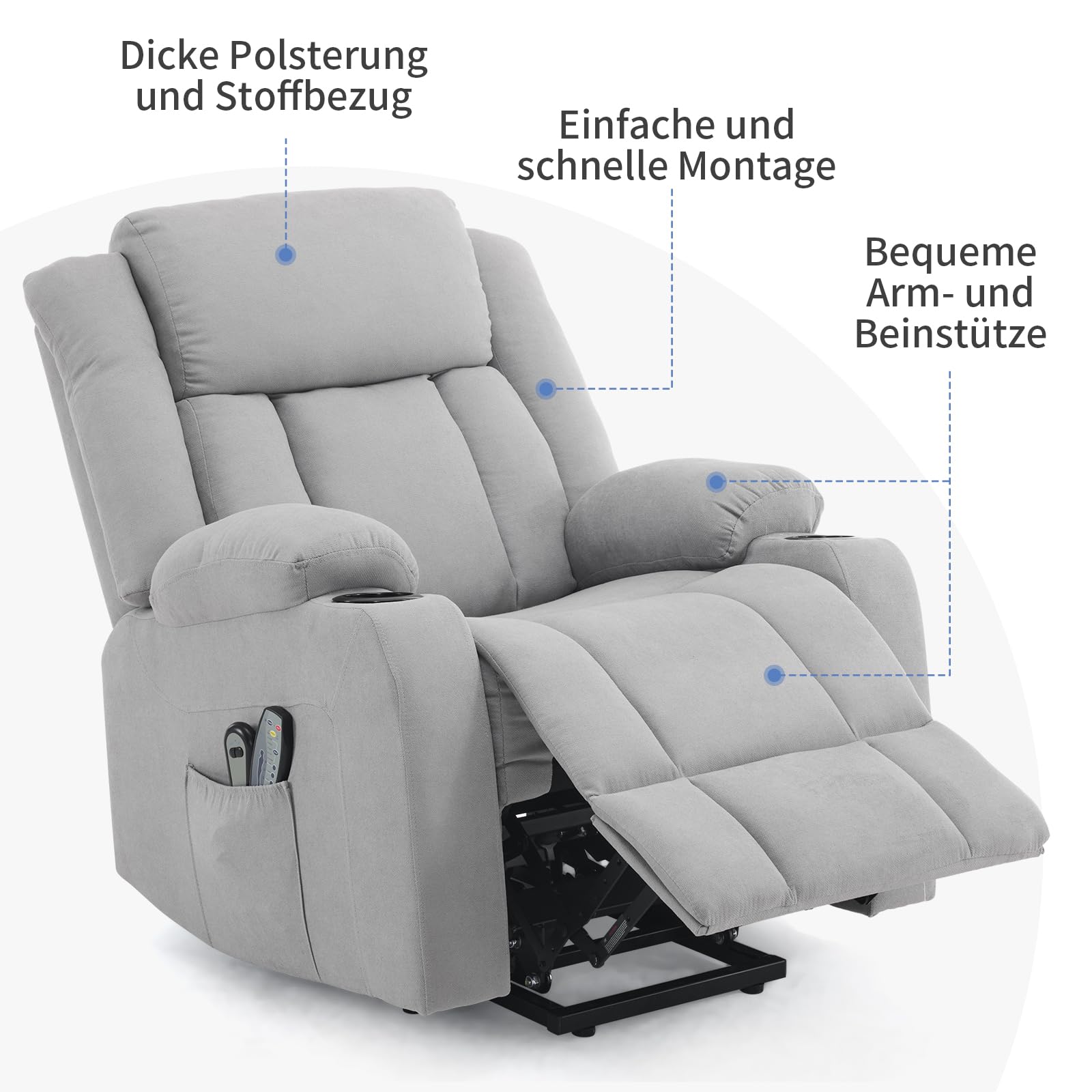 LEADZM Fernsehsessel Relaxsessel mit Aufzug Elektrisch Massagesessel | mit Liegefunktion Aufstehhilfe, Massage Heizung 2 Seitentaschen Getränkehalter, Liegen TV Sessel