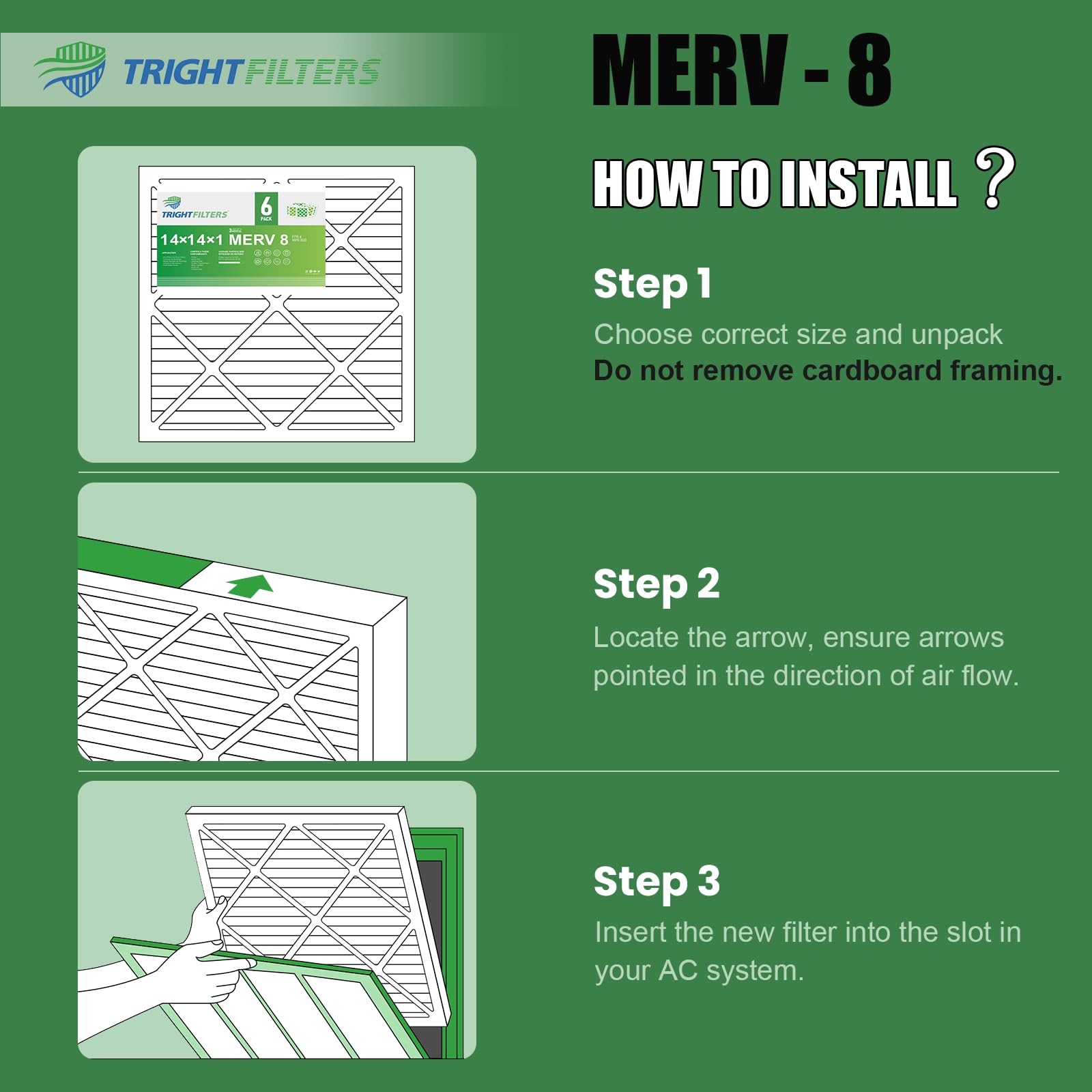 TRIGHTFILTERS Filtro dell'aria 14 x 14 x 1, confezione da 6, durevole MERV 8 pieghettato per la casa HVAC AC filtri per forni elettrici, filtro di ricambio leggero e compatto per condizionatore d'aria