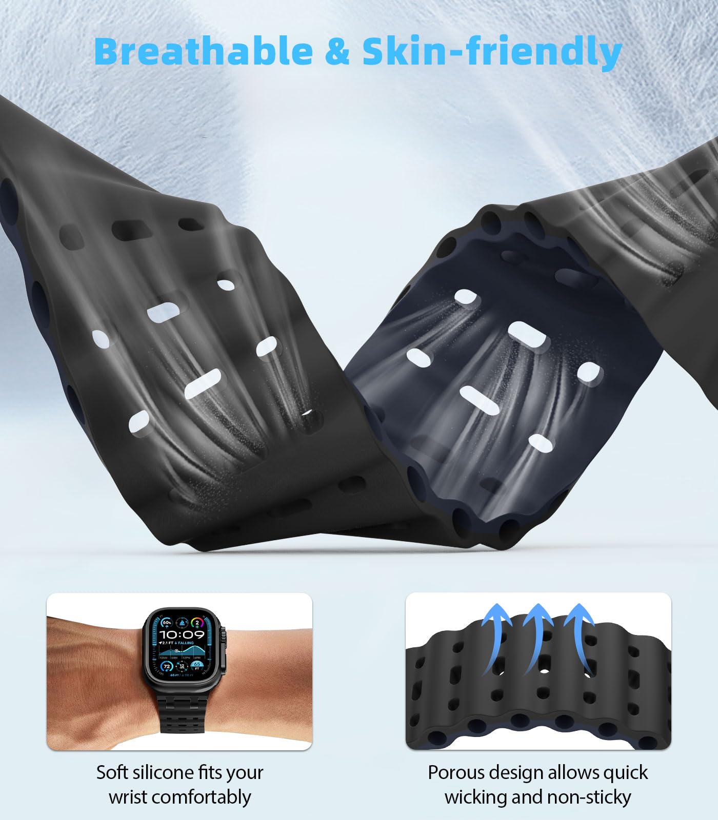 MoKo Correa Ocean Compatible con Apple Watch Ultra 3/2/1 49 mm, S11/S10 46 mm, 9/8/7 45 mm, SE3/SE2/SE/6/5/4 44 mm, 3/2/1 42 mm, Correa Deportiva de Silicona Transpirable, Negro/Negro&Azul Marino