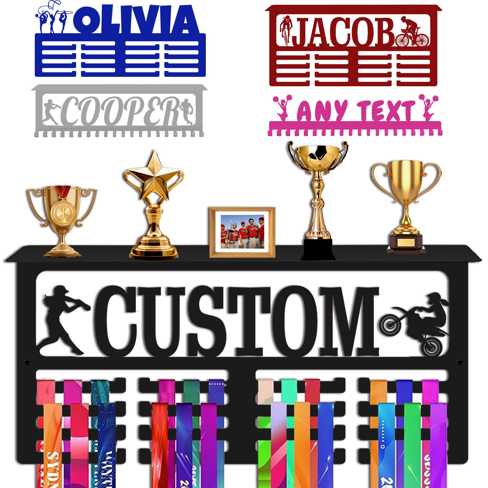 Personalized Medal Holder with Name Logo Custom Hanger Display for Awards Ribbons Wall Gymnastics Runners Boys Girls Kids Customized Gift Sports