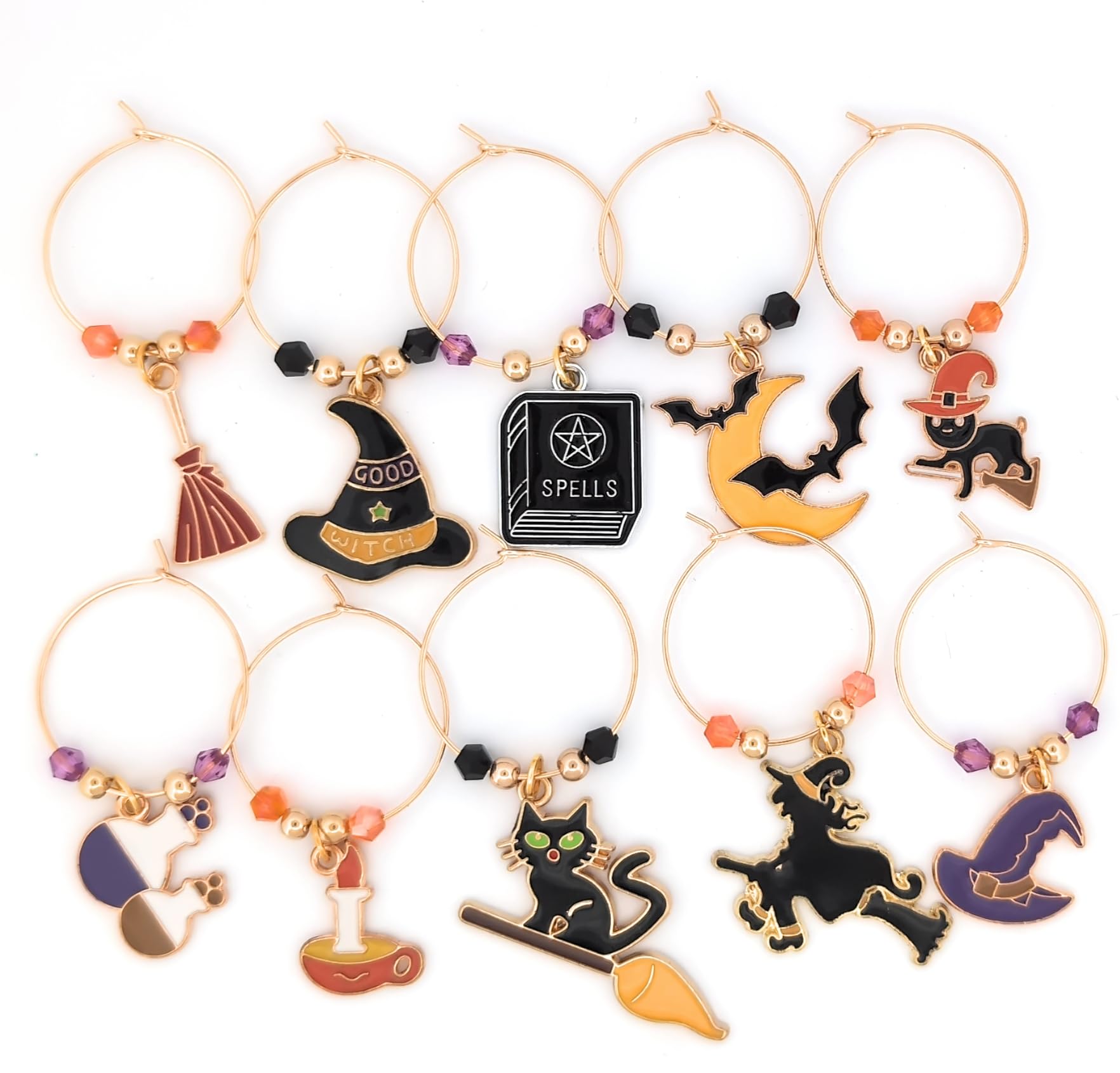 Halloween Wine Glass Charms, Witch Wine Charms, Witch hat, Bat, and Black Cat Glass Identifier Tags, Halloween Glass Markers, Halloween Party Supplies - 10 Wine Charms/pack