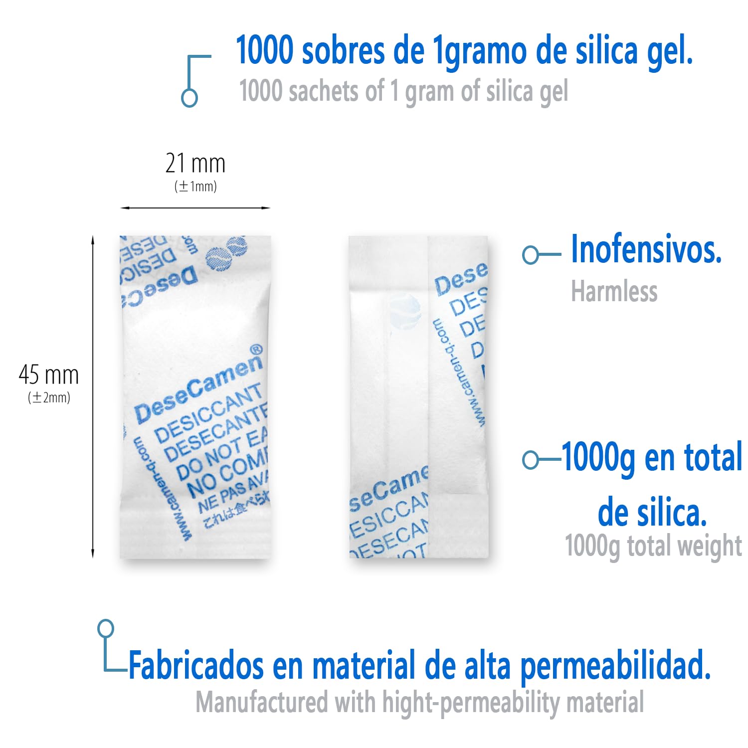 Desecamen - Bustine silice (1000 pezzi - 1g) - Silice gel - Deumidificatore - Essiccante - Assorbiumidità - inodore - non tossico - eliminano l'umidità e gli odori di muffa