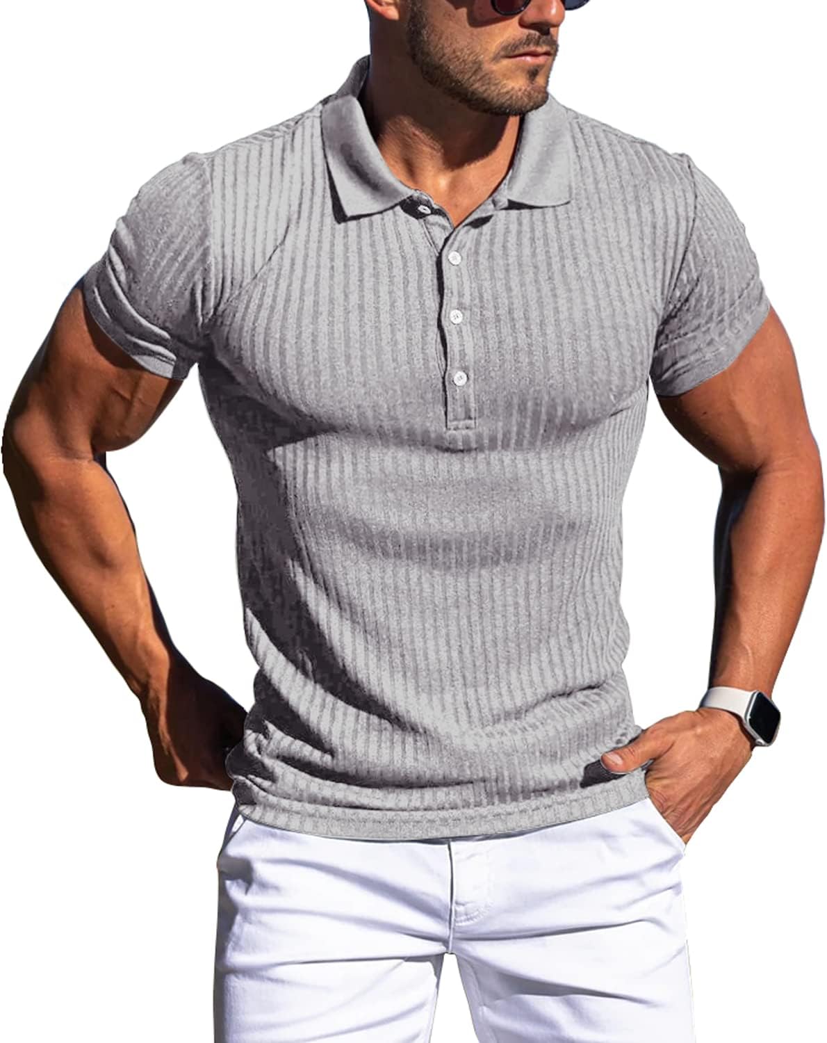 Collared Muscle Polo Shirts Men Slim Fit Textured Knit Polo Shirts Short Sleeve Button Down Shirts Casual Stylish