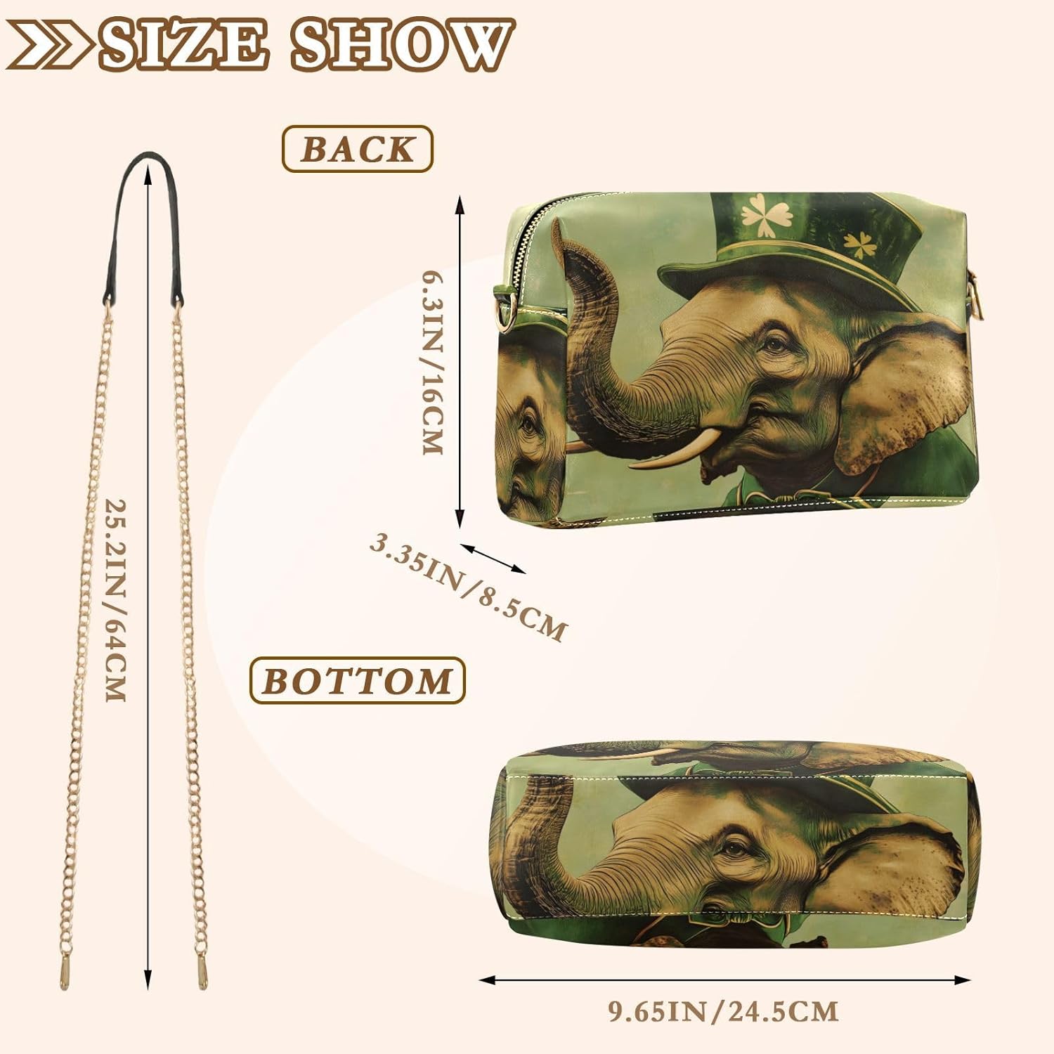 Saint Patrick’s Day Elephant Women's PU Leather Crossbody Bag Shoulder Handbag Cellphone Purse with Metal Chain Strap Water Resistant Zipper Closure