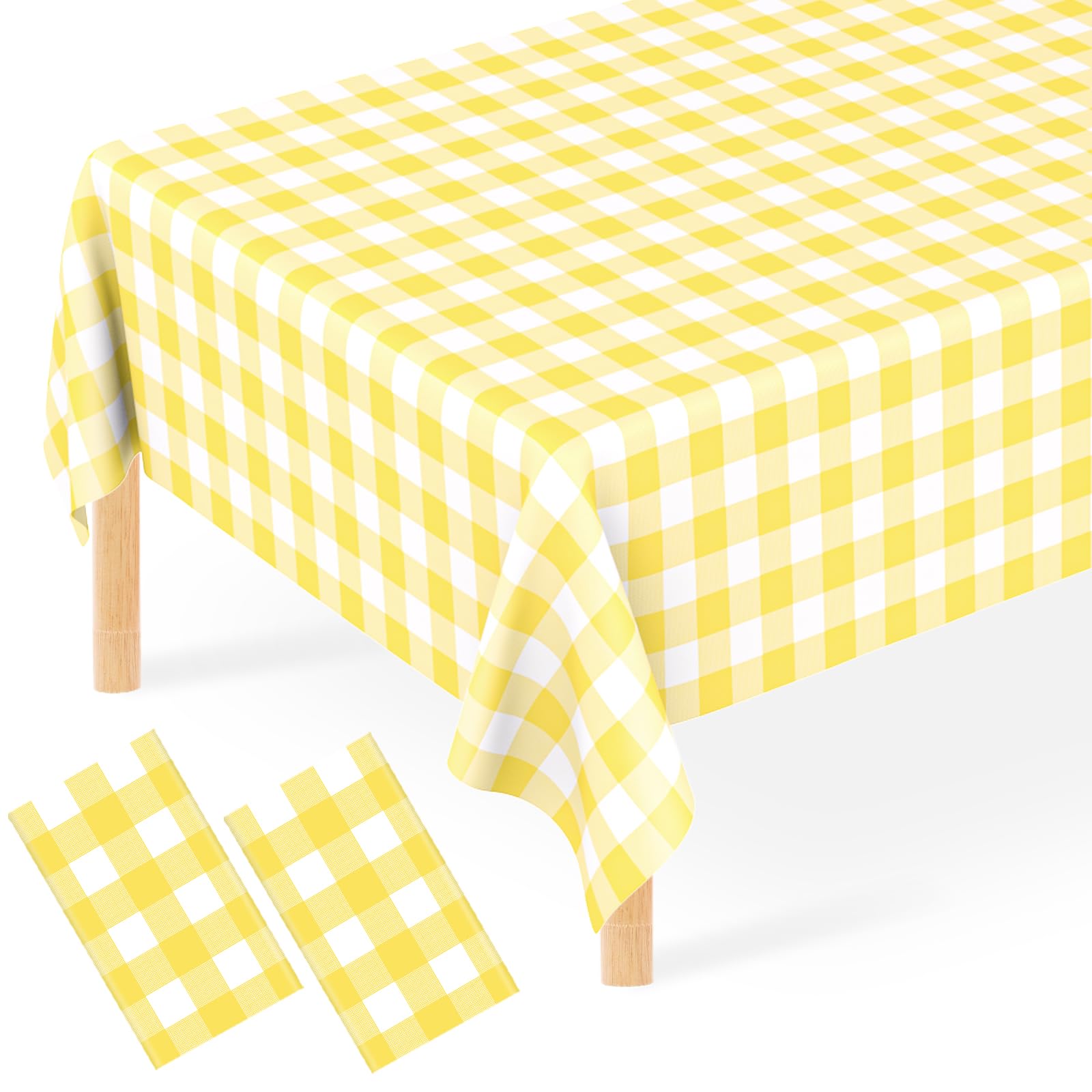 2 Pcs Yellow Gingham Tablecloth, 54 x 108 Inch Disposable Plastic Yellow and White Checkered Table Covers for Picnic, Birthday, Wedding, Baby Shower, BBQ, Outdoor Party Decorations-image-2
