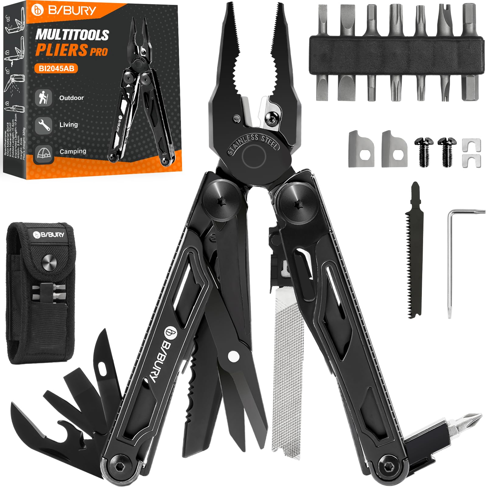 BIBURY Multitools, Multi Tool Foldable Pliers with Upgraded Scissors and Screwdriver Set, Stainless Steel Pocket Tool- Pro