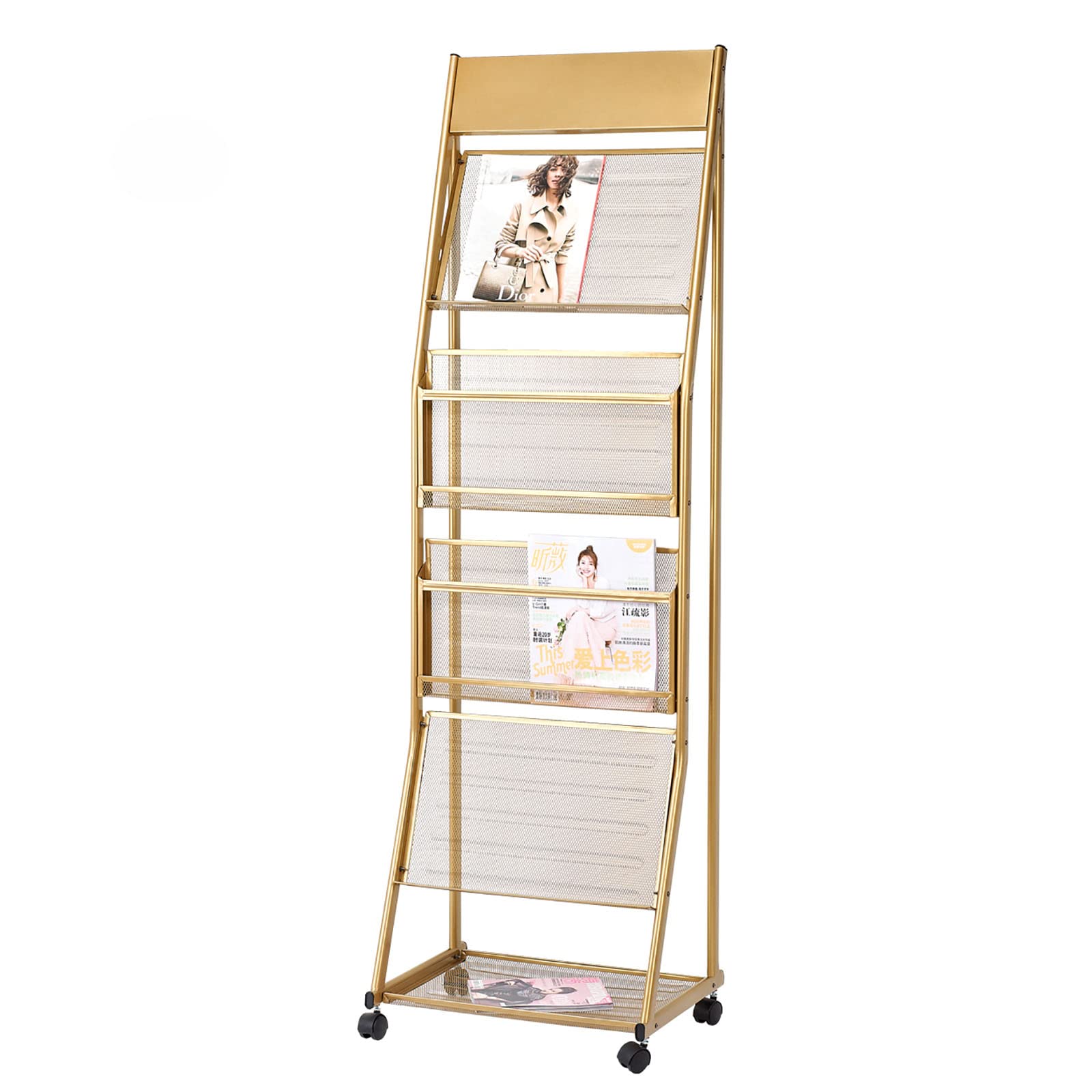 Revistero de 4 bolsillos Soporte de periódico con ruedas, Revistero de soporte de folletos, Soporte de exhibición de folletos para documentos en exposiciones, Centros comerciales, Hospitales, Oficin