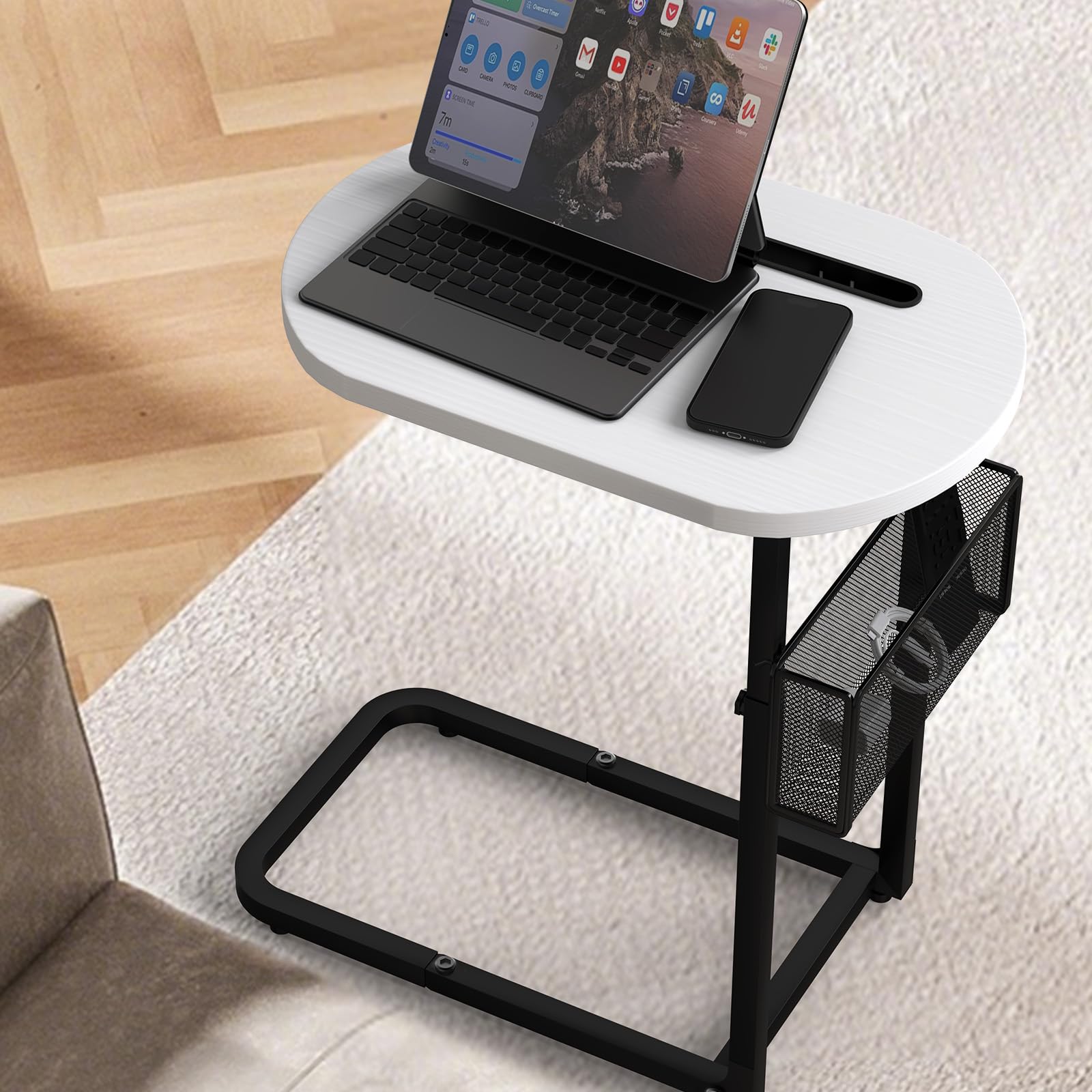 Fashion TV Tray Table with Large Tabletop, Adjustable Sofa Table with Storage Baskets, Strong Metal Frame, Tv Dinner Tray Table for TV Watching, Meals, Snacks (Oval, White, 16.93inch x 12.6inch)