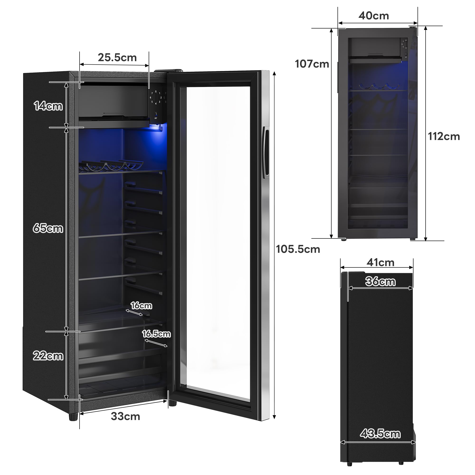 Merax Frigorifero 128L, freestanding, refrigeratore per bevande con frigorifero da 120 L + congelatore da 8 l, con illuminazione interna a LED e ripiani regolabili, super silenzioso per ristorante,