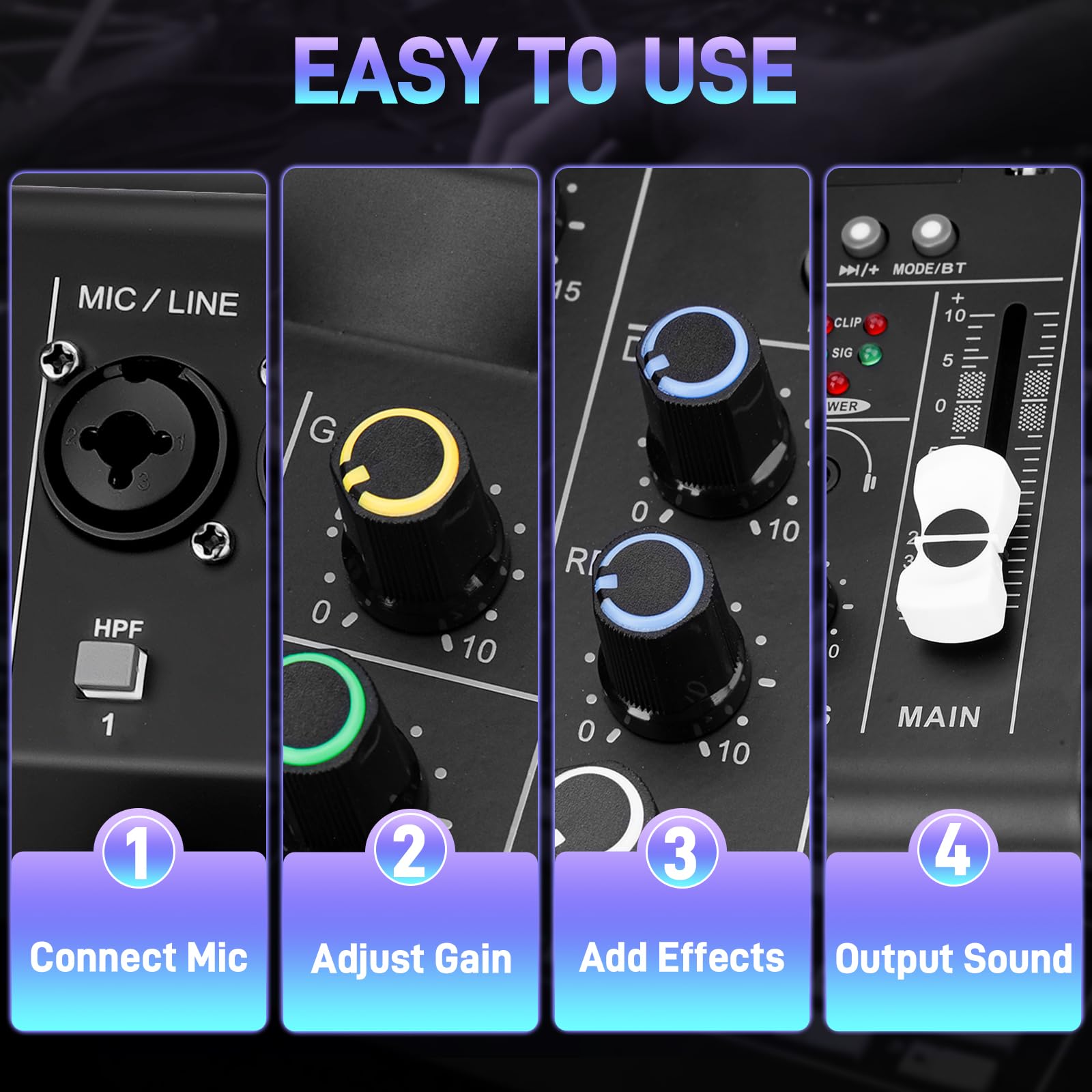 Mixer audio DJ a 6 canali con Bluetooth, scheda audio USB/MP3, effetti DSP integrati e alimentazione phantom 48V, console di mixaggio compatta per karaoke, podcast, live streaming e registrazione in