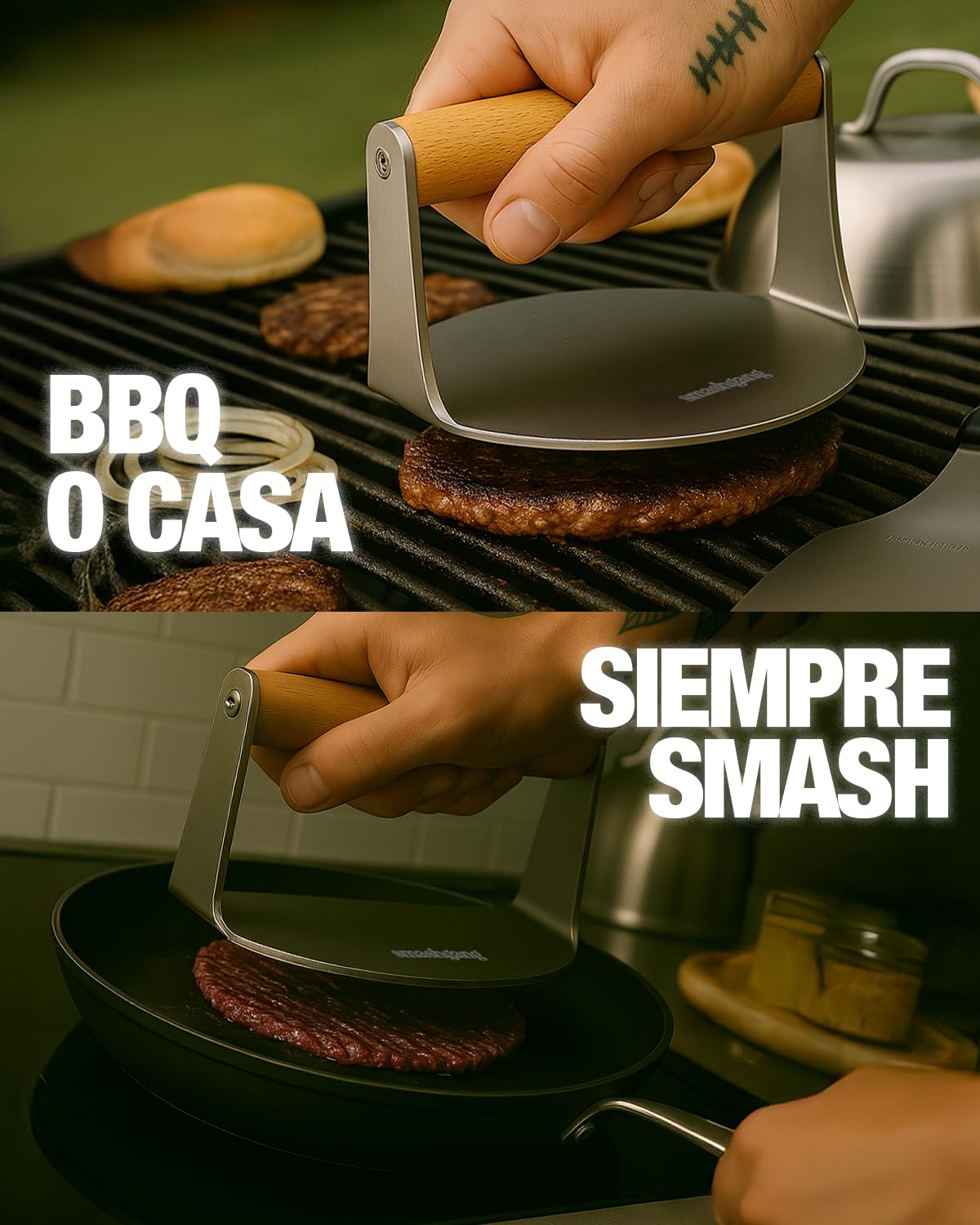 SMASHGANG® Smash Burger Kit – Prensa Hamburguesas, Espátula y Campana de Acero Inoxidable 304 | Utensilios para Cocina y BBQ