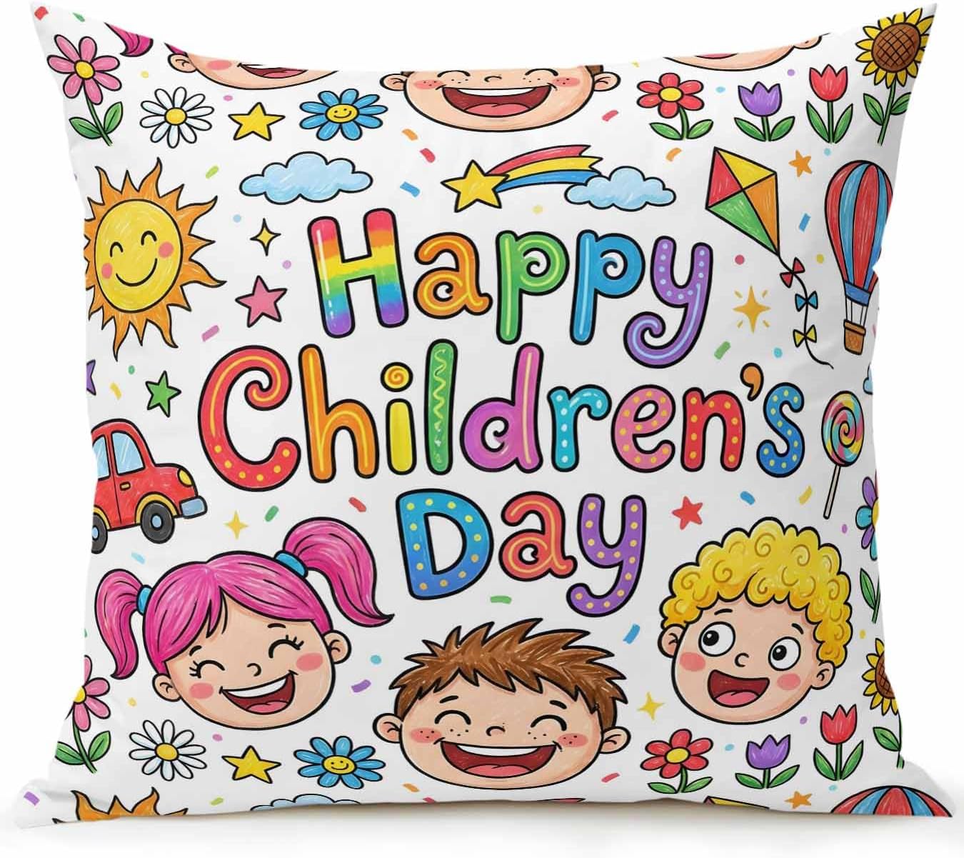 1 Pack Outdoor Pillows Waterproof, Children's Day Indoor/Outdoor Throw Pillows with Inserts, Cartoon Cute Watercolor Truck Flower Decorative Pillow for Patio Furniture Chairs Couch 18"x18"