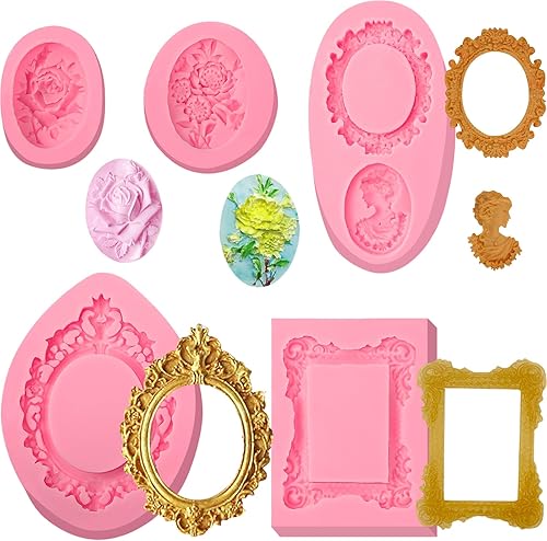 IKOJING Moldes de fondant de marco barroco, paquete de 5, mini marcos de fotos para retratos, flores, moldes de silicona para decoración de