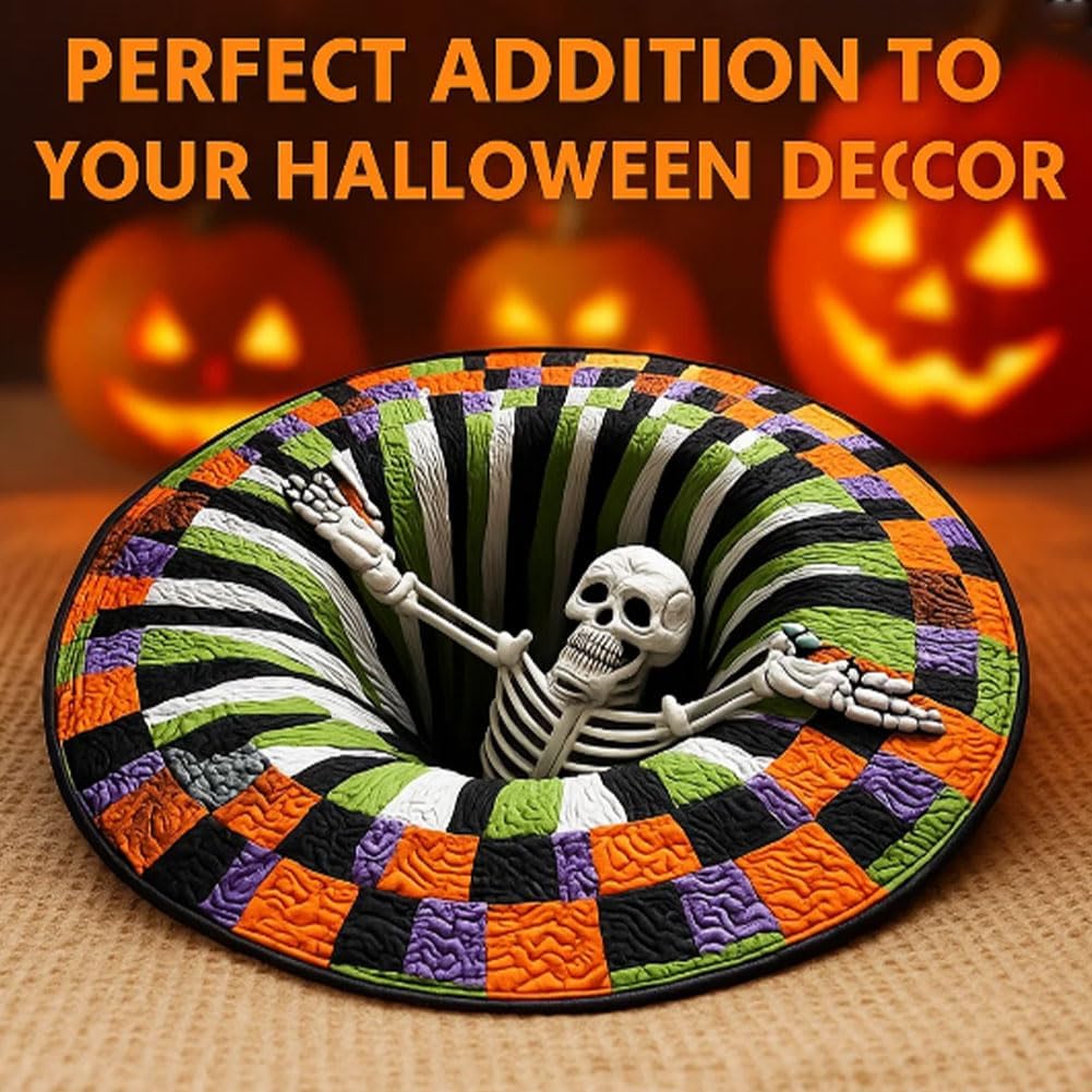 Candy Corn Abyss Quilted Round Mat, Halloween Optical Illusion Rug, 3D Halloween Rug - Optical Illusion with Depth Pattern, Non-Slip Soft Fabric (36 * 36in)