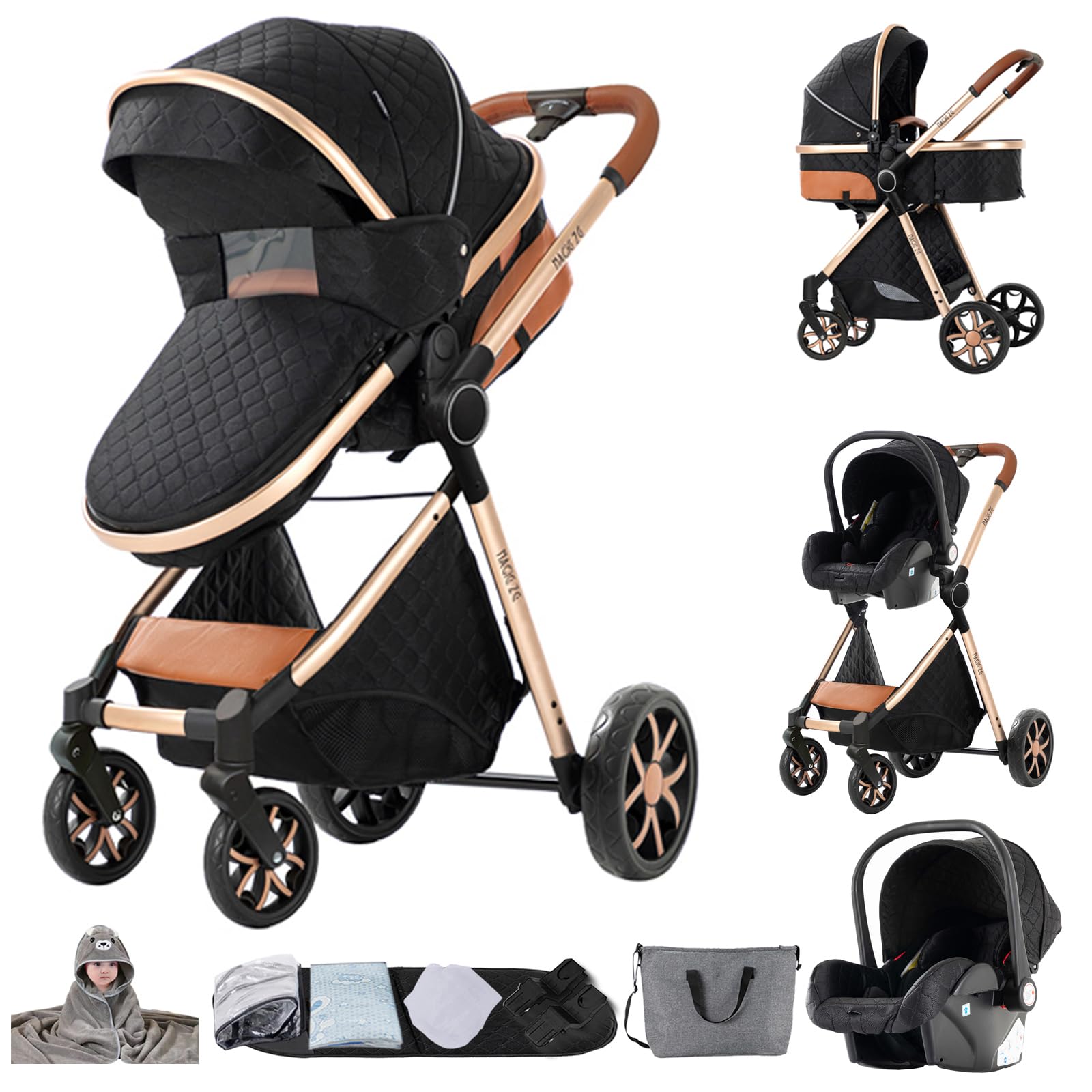 MoLi Poussette 3 en 1, Pousette Bebe avec Mode Double Poussée Réversible, Pousette Citadine Nacelle Grande, Poussette Combinée Cadre en Alliage d'aluminium Pliable Haut Paysage (YV9 Black)