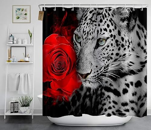 Miniatura 3 de Juego de 4 cortinas de ducha con diseño de leopardo y rosa roja, elegante guepardo blanco y negro, para el día de San Valentín, romántico, floral,
