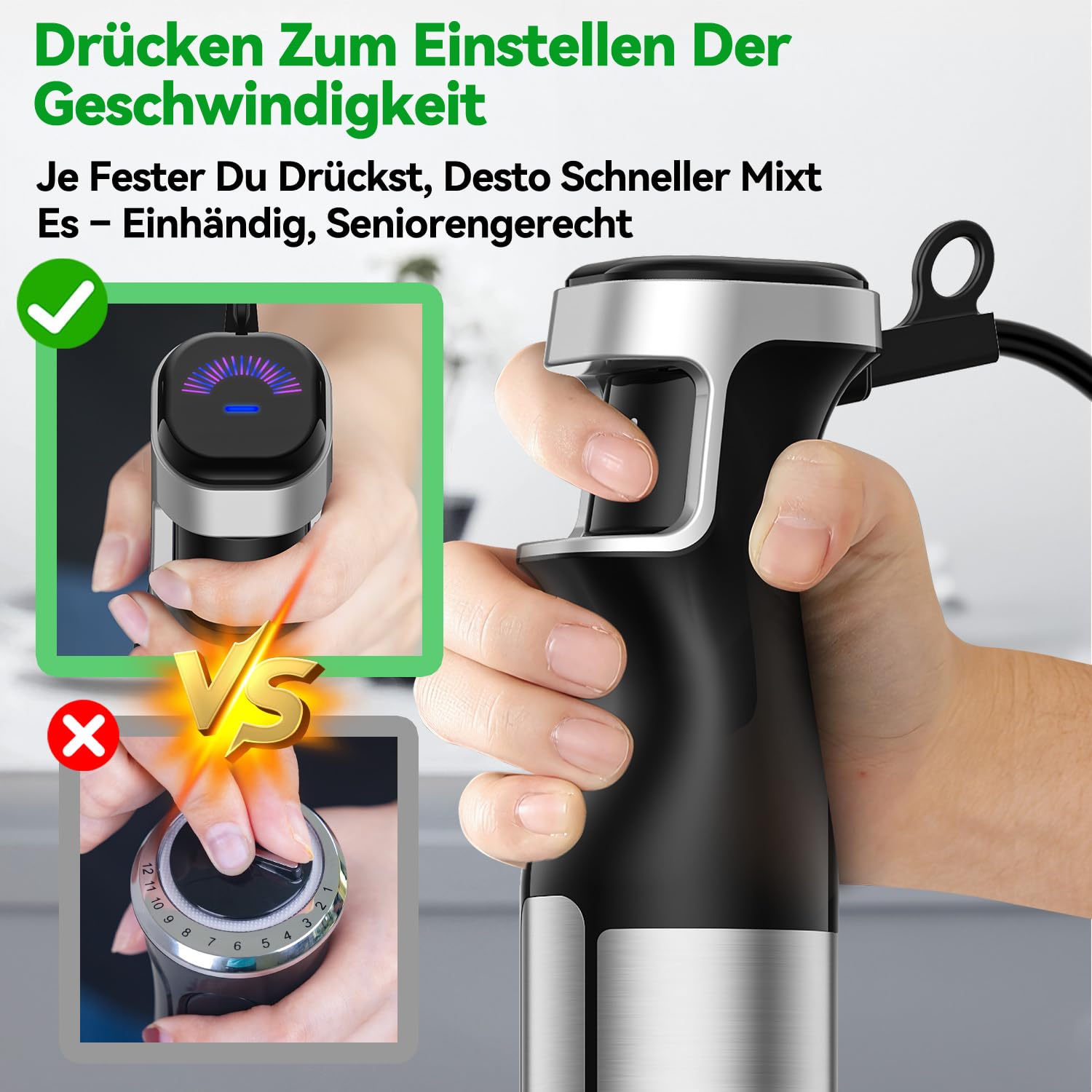BESROY Stabmixer Set 5 in 1, 1100W Pürierstab Elektrisch, Edelstahl Hand Blender inkl. Häcksler, Schneebesen, Milchaufschäumer & Messbecher