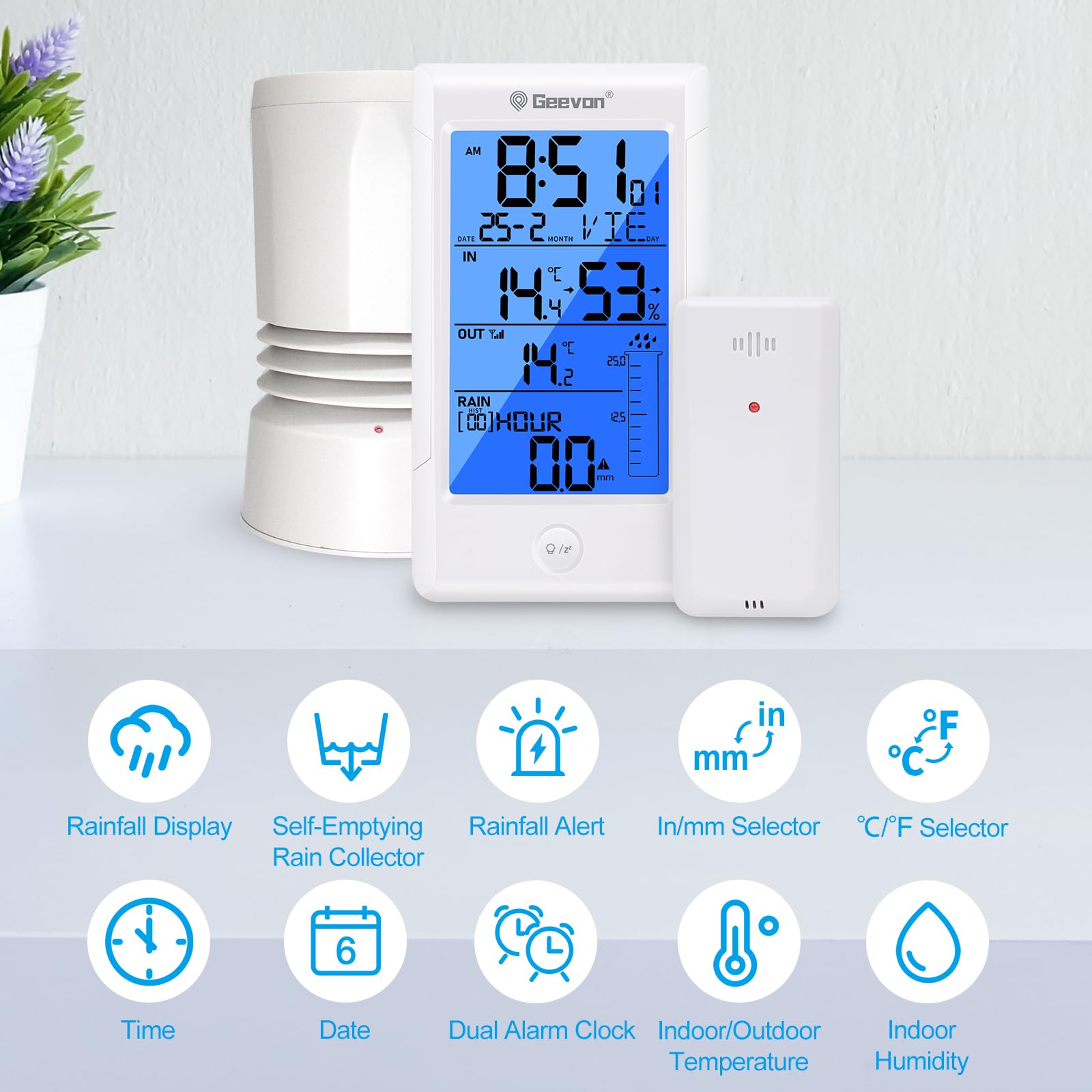 Geevon Digitaler Regenmesser mit Thermometer, Niederschlagsmessung im Freien, genaue Daten klare Anzeige, breiter Erfassungsbereich, Hochwasseralarm, einfache Einrichtung, Außentemperatursensor