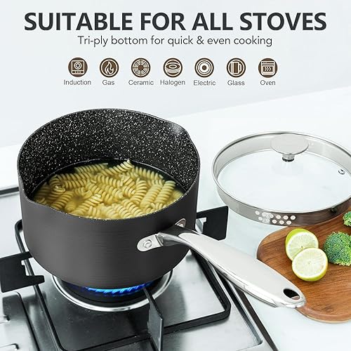 Miniatura 6 de MICHELANGELO 3 Quart Saucepan with Lid, Hard Anodized Nonstick Sauce Pan with Strainer Lid & Pour Spouts for Easy Pour, Granite Derived Coating