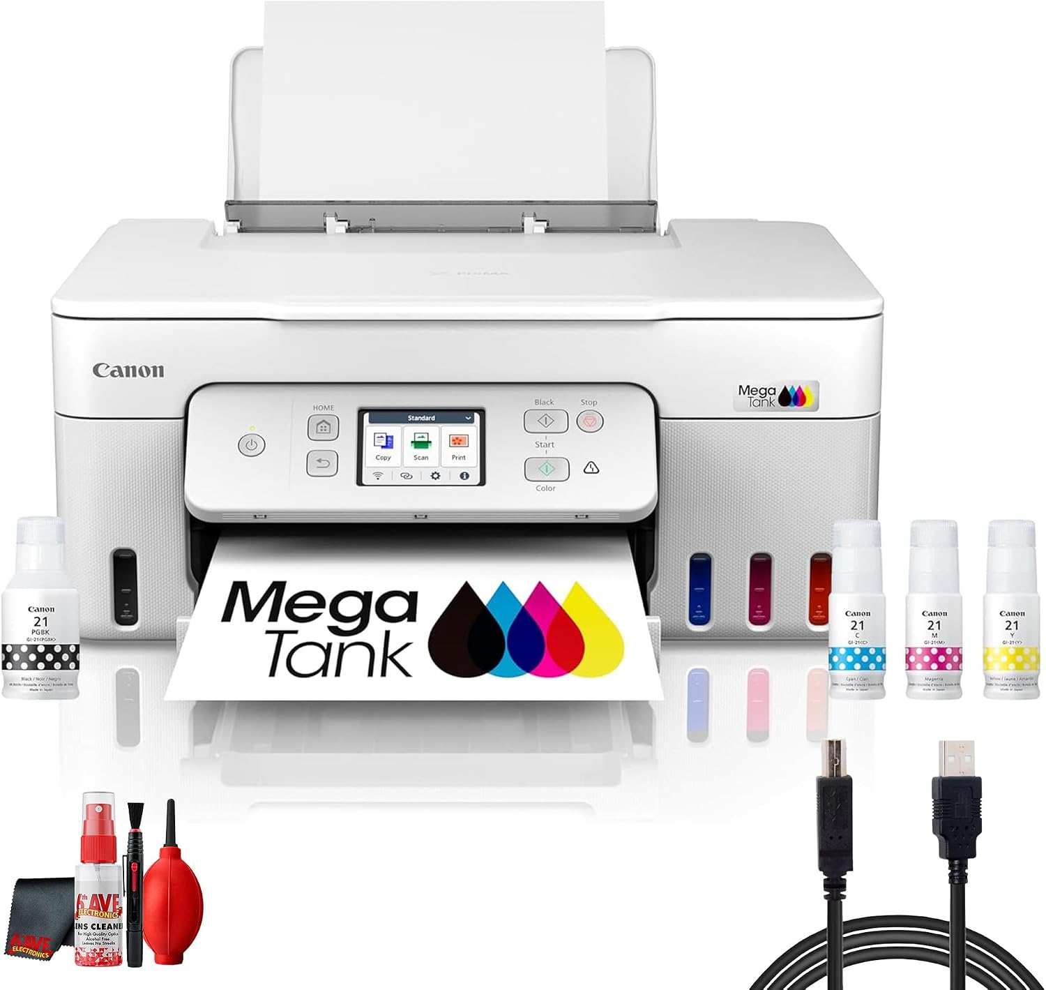 Canon PIXMA G3290 MegaTank All-in-One Printer (6706C022) Bundle | For Home Office, Photos, Flyers, Invitations, Labels, Student Work + Printer Cable + Cleaning Kit (9pc Bundle)