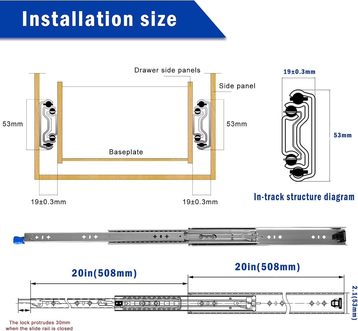 20 inch Heavy Duty Drawer Slides with Lock Thicken 3Fold Full