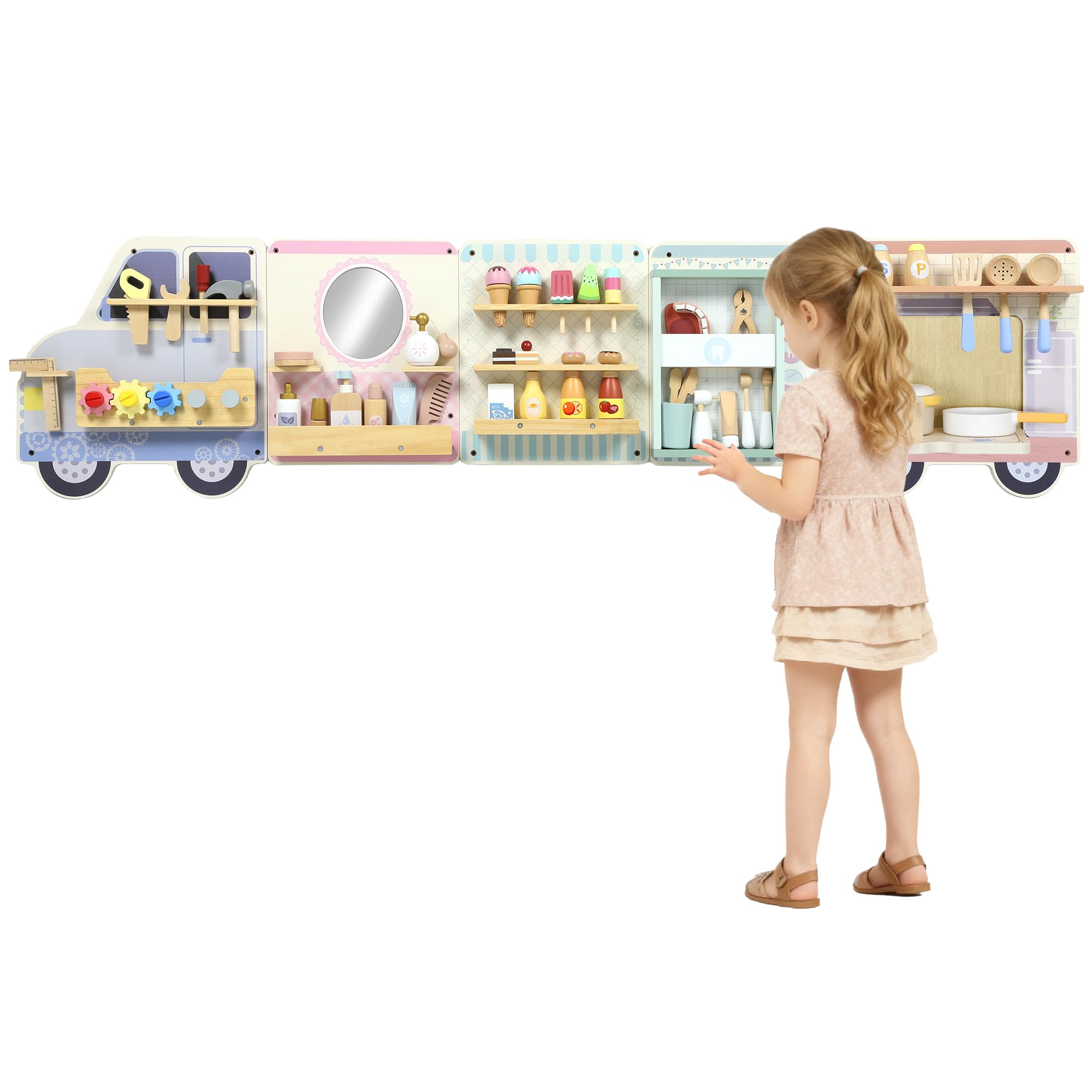 Qaba Truck Activity Wall Busy Board, 5 Activities, Sensory Wall Panel for Toddlers 3+ Years, Montessori Learning Activity Center for Playroom Nursery Classroom