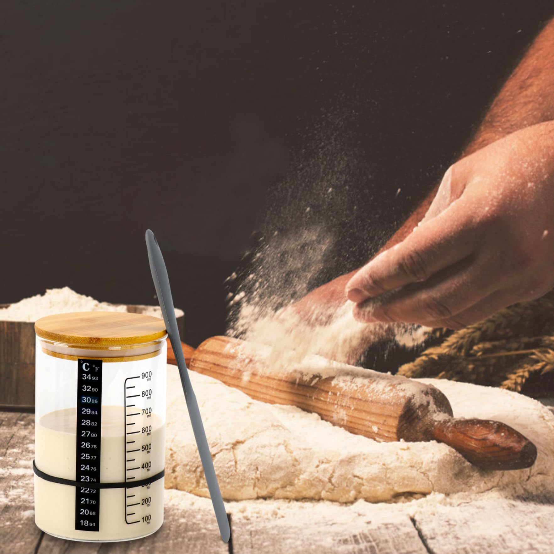 Sauerteig Starter Set – 2 Gläser à 730 Ml (24 OZ) Mit Datumsband, Thermometer, Spatel, Stoff- & Metalldeckel – Für Brotgärung & Aufbewahrung