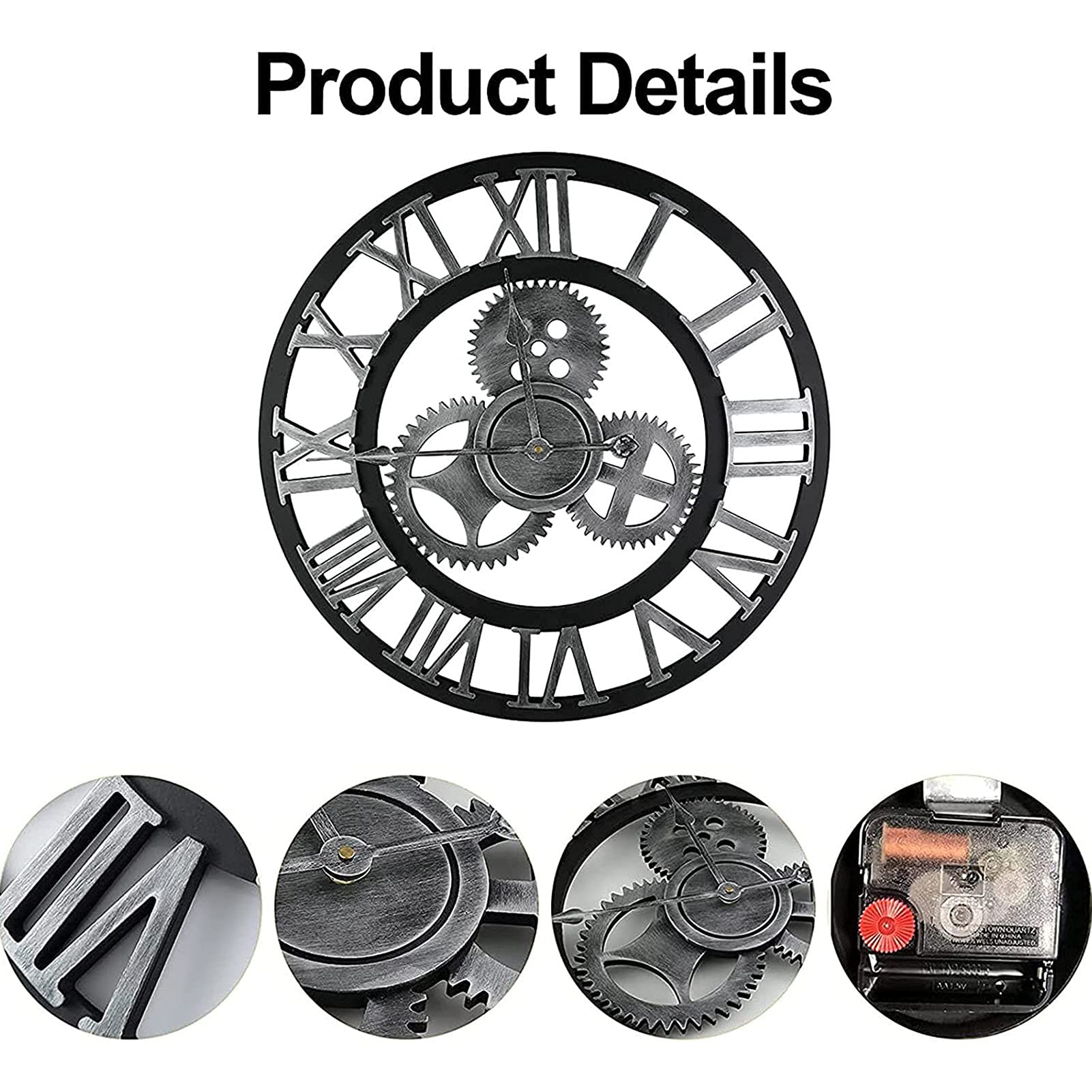 XJBTBA Orologio da Parete Orologio da Parete, Orologio da Esterno, Orologio da Giardino, Grande Scheletro Industriale in Ferro a Forma Rotonda Numeri Romani Orologio da Parete Silenzioso Senza