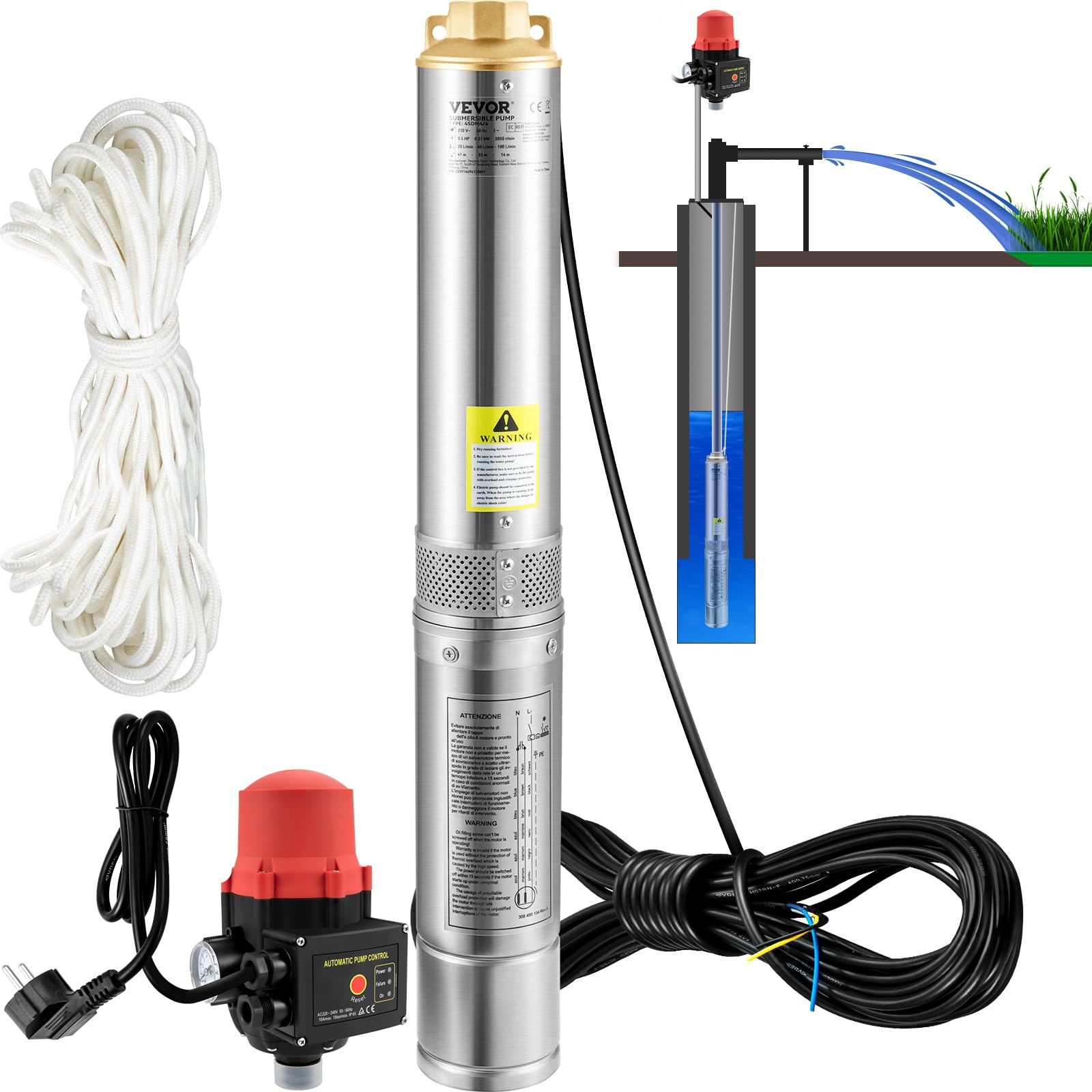 VEVOR Pompa Sommersa per Pozzo 750W Flusso da 105L/​min per Piscina Giardino Orto in Acciaio Inox, Pompa Sommersa per Pozzi 230V Prevalenza Max. 62m di Controllo Automatico