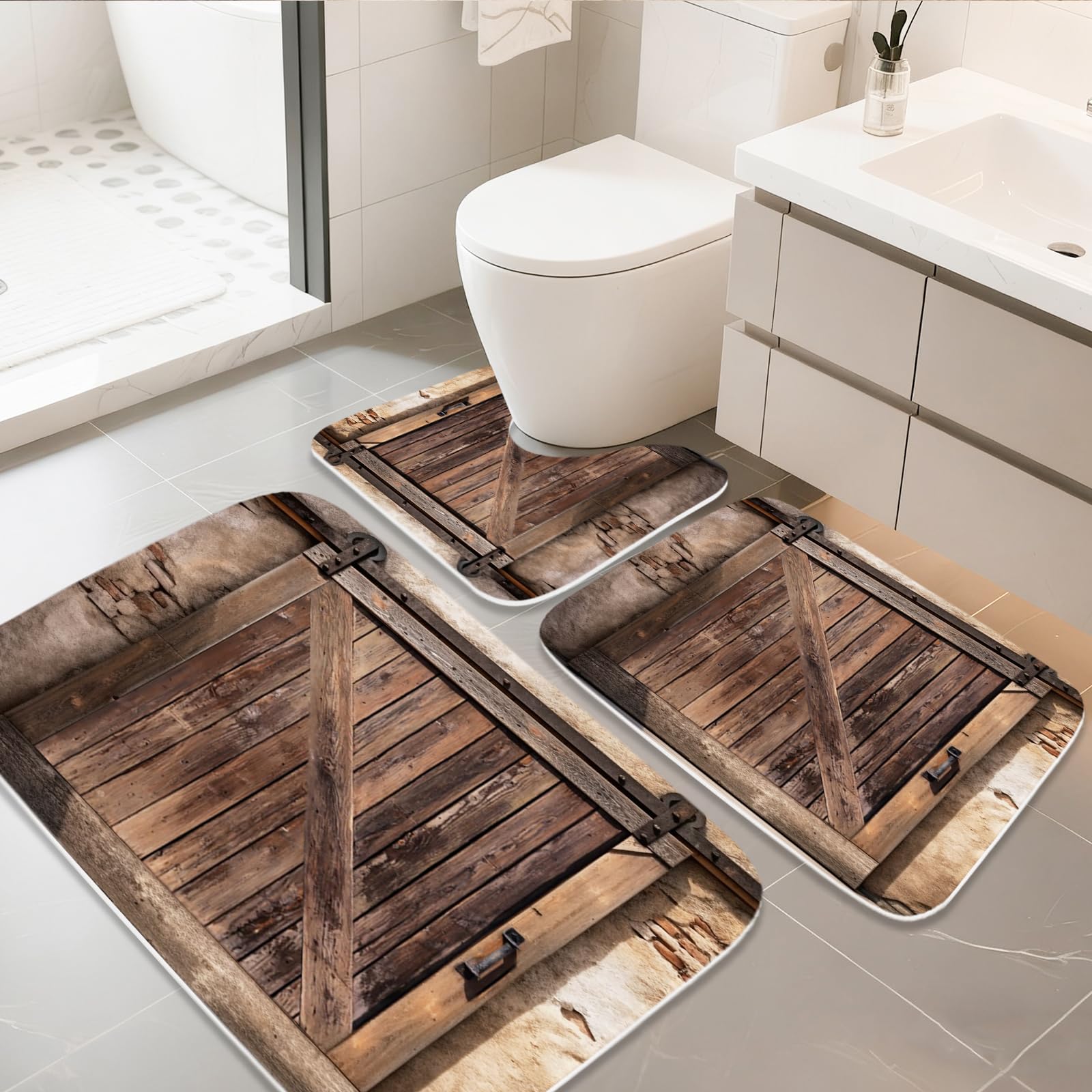 Final Friday Farmhouse Wooden Barn Door Rustic Bathroom Rugs and Mats Sets 3 Piece, Large Imitation Cashmere Bath Mat, U-Shaped Contour Shower Mat Non