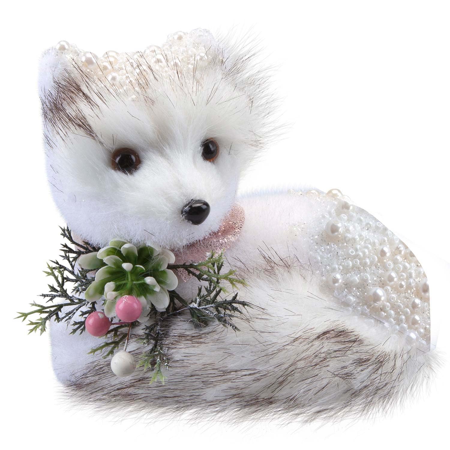 VFM e-Store - Christmas Flocking Fox Decoration Festive Indoor Xmas Ornaments - 14cm X 17cm White X 1