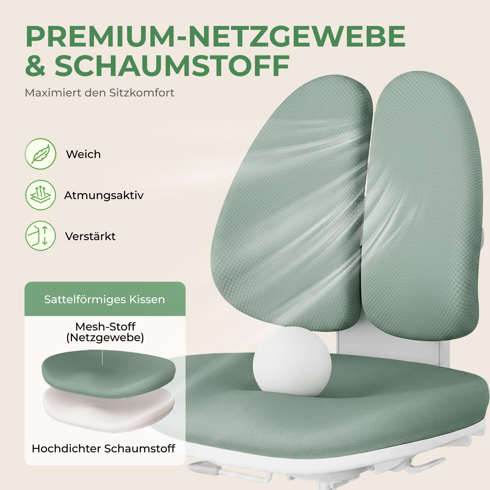 HOKO Kinderschreibtischstuhl höhenverstellbar, vielseitig verstellbar | Schmetterlingslehne, klappbare Armlehnen, höhenverstellbare, abnehmbare Fußstütze, selbstsperrende Rollen, Grün, ANTON