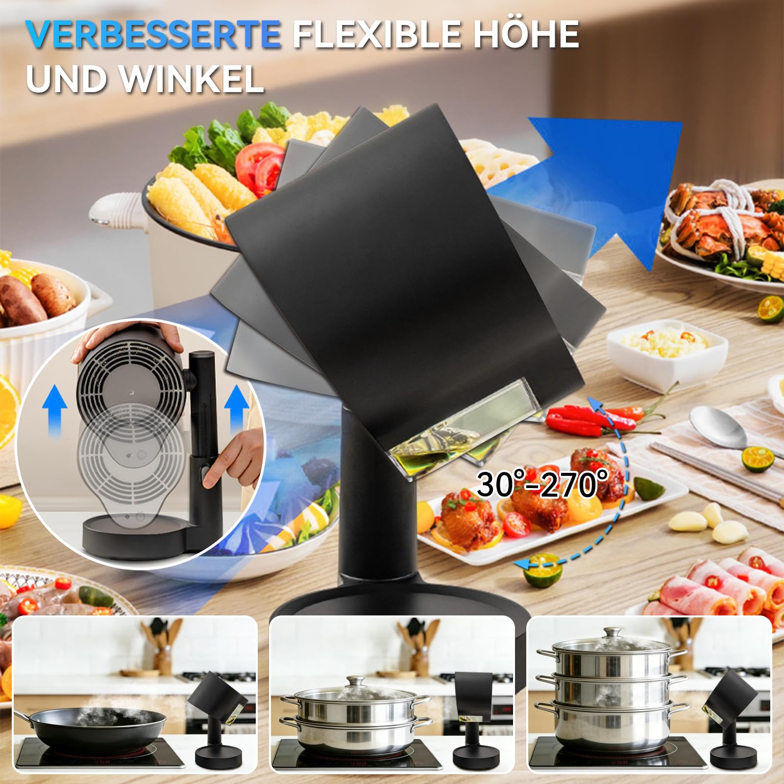 Mobile Dunstabzugshaube ohne Installation, tragbare Mini Abzugshaube mit Ölsammelbox, teleskopisch & 90° neigbar 3-stufig leise, waschbarer wiederverwendbarer Doppelfilter für Küche Wohnung RV Camping