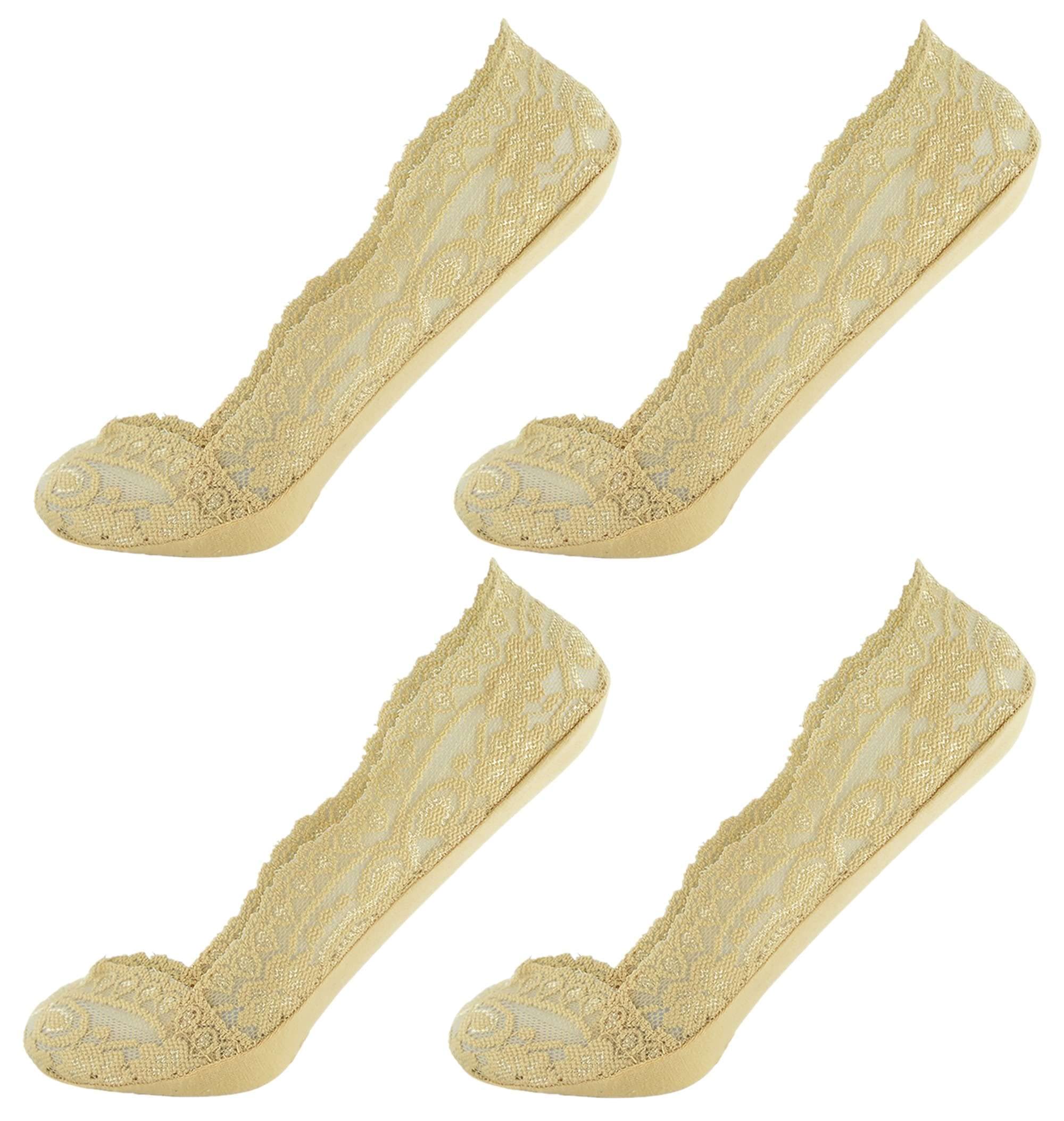 Thingimijigs Women's Nude 4 Pairs Cotton Rich Lace No-Show Invisible Shoe Liner Socks With Silicon Support