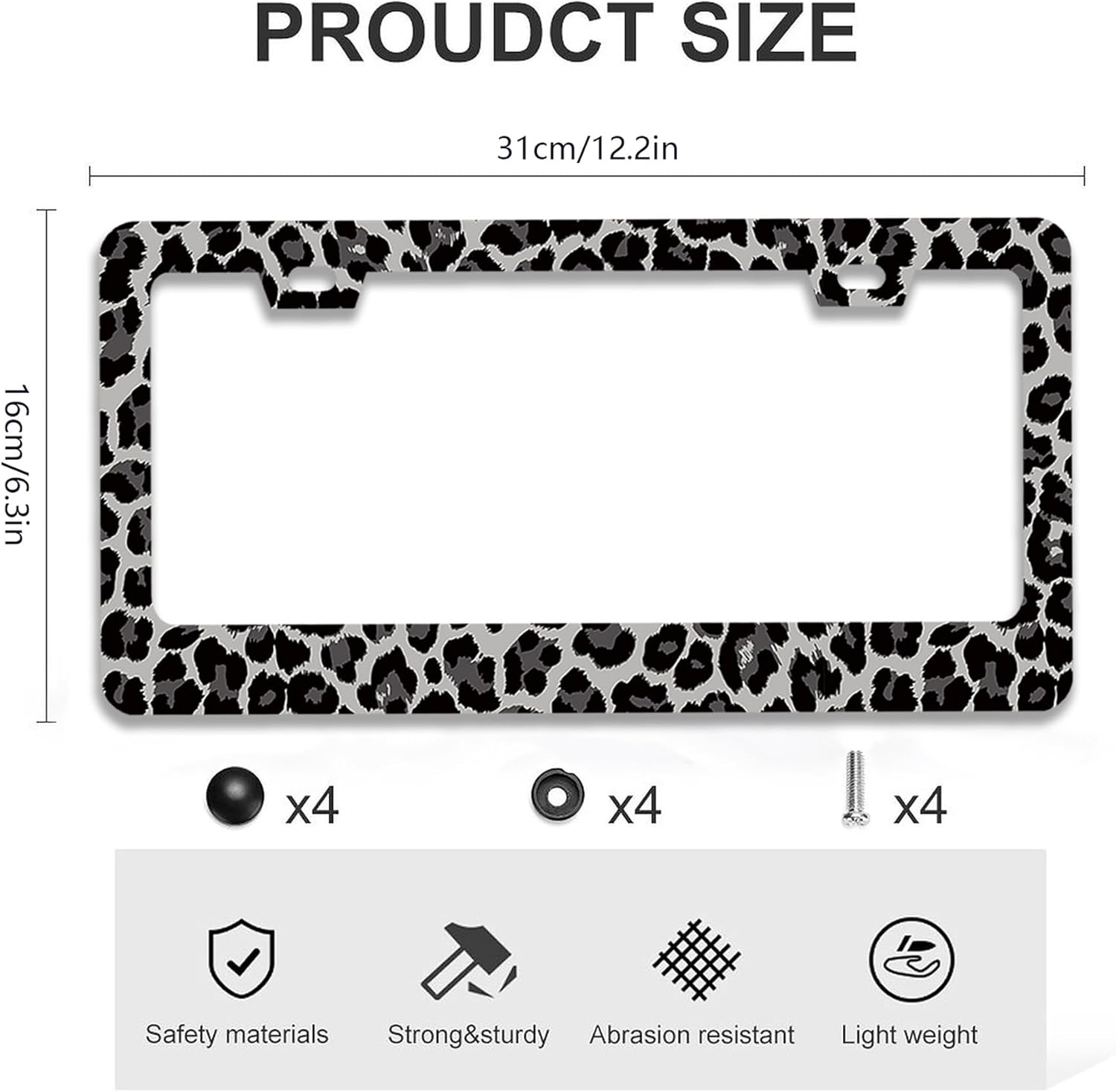 2 Pcs Black Gray Leopard Print License Plate Frames - 2 Holes Stainless Steel Metal Auto Car Accessories Decoration License Plate Frame Cover Size 6.3" x 12.2" Fit US Vehicles for Women Men Gift