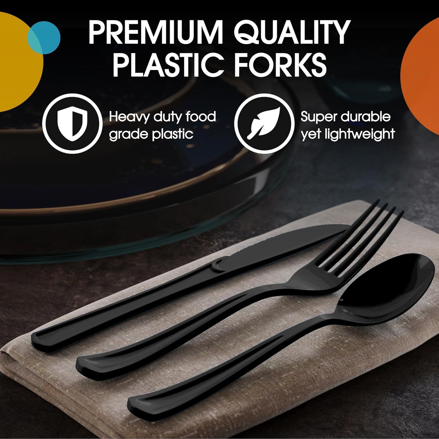 Set di posate di lusso da 150 pezzi, 5 g, riutilizzabili, lavabili in lavastoviglie, 50 forchette, 50 coltelli, 50 cucchiai, colore nero/bianco/trasparente (nero)