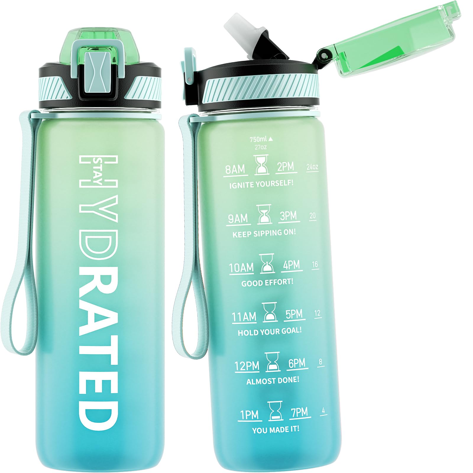QLUR Water Bottle with Straw, 27oz Motivational Water Bottles with Time Marker to Drink, Tritan BPA Free, 750ml Sports Water Bottle with Carry Strap