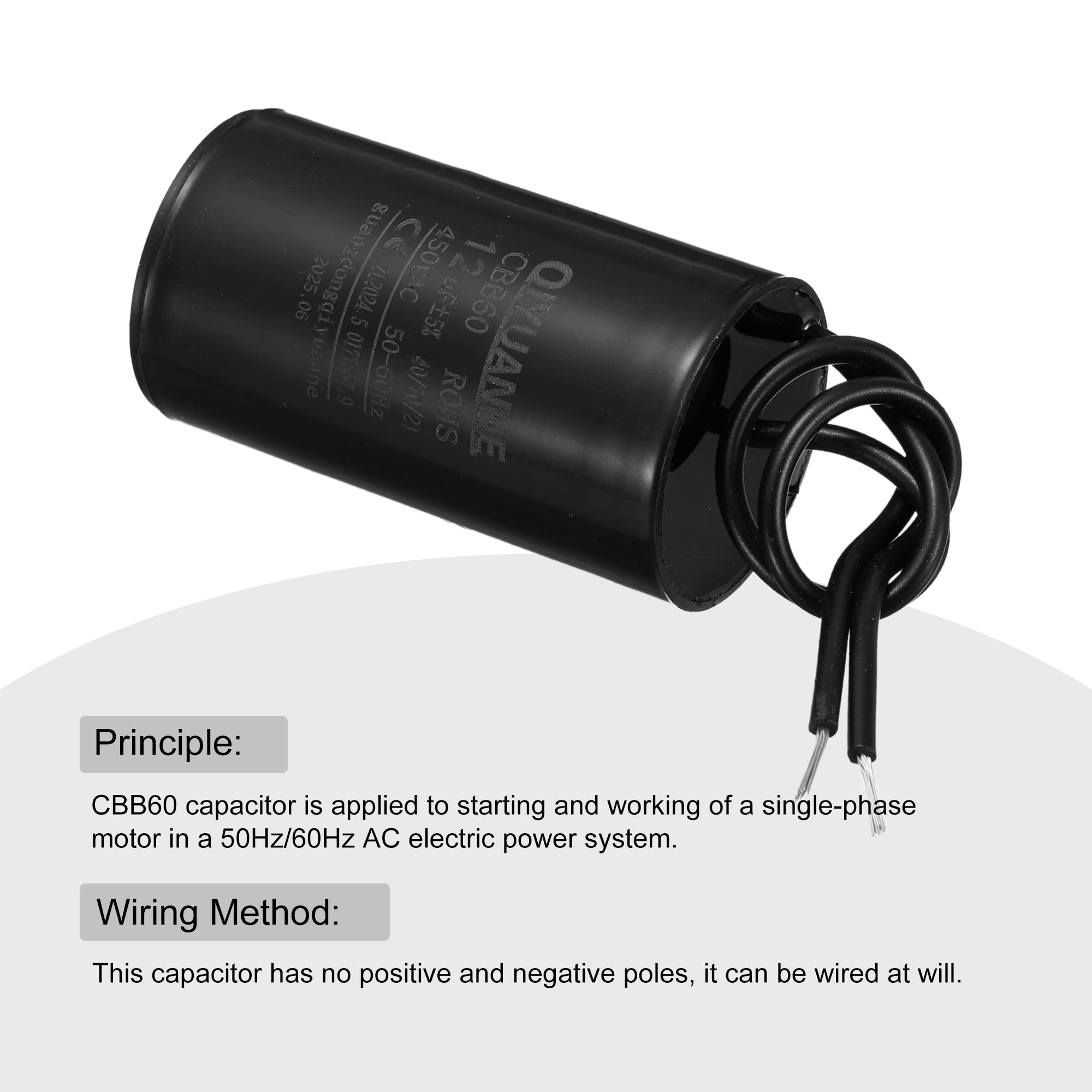 QUARKZMAN CBB60 kondensator roboczy 12uF 450 V AC, 2 przewody, 50/60 Hz, cylindryczny kondensator napędowy 34 x 60 mm, do sprężarki powietrza, pompa wodna, kolor czarny
