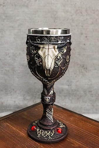 Miniatura 9 de Ebros Gift Cráneo rústico de vaca de toro occidental con encaje floral y gemas rojas Copa de vino granate oscuro Copa de cáliz Ranch Country Wild