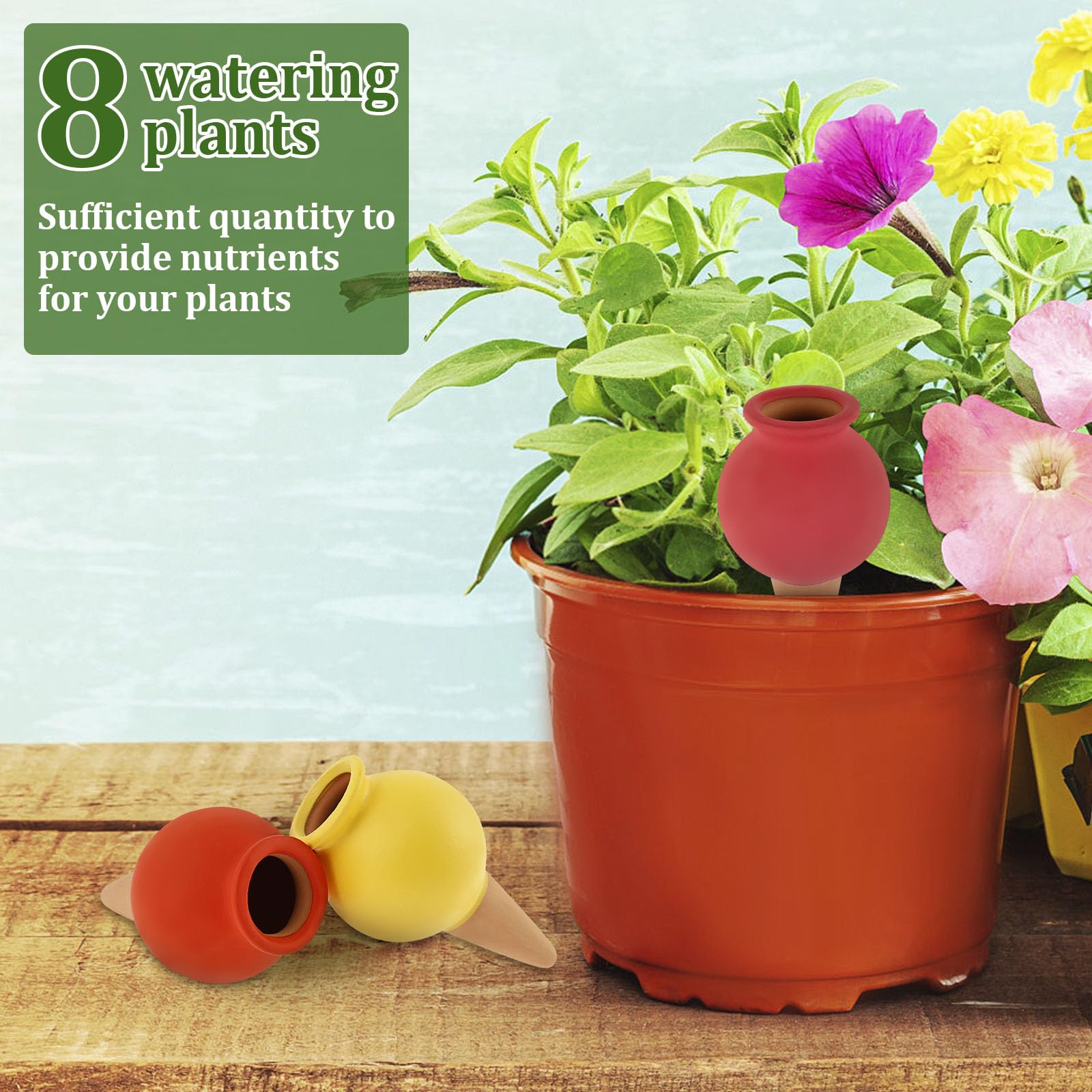 Lot de 8 piquets d'arrosage automatique en terre cuite pour plantes à libération lente - Globes d'arrosage en argile pour intérieur et extérieur - Humidité 3 à 5 jours - 6,5 x 11,5 cm
